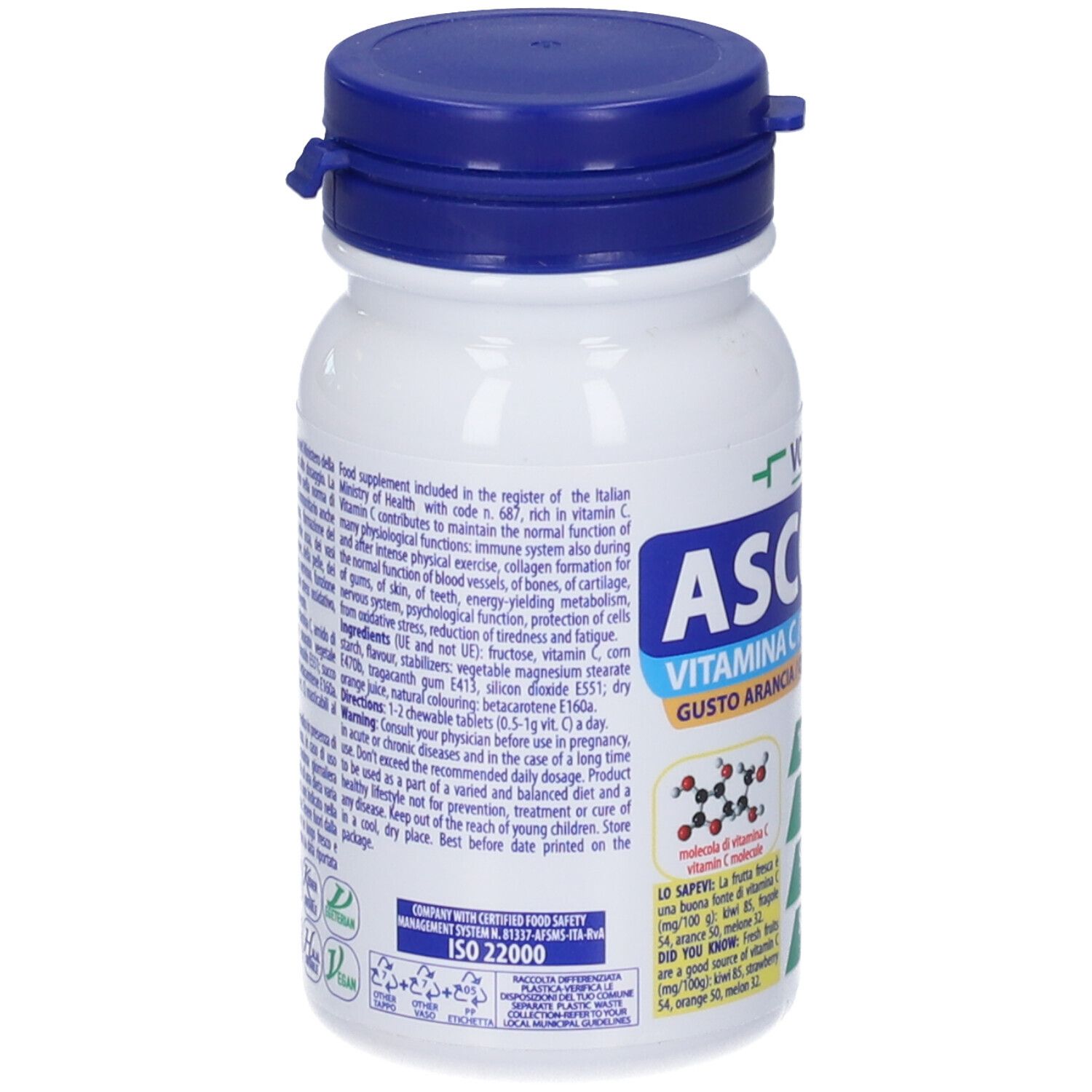 Retro del flacone bianco, tappo blu. Testo su ingredienti e valori nutrizionali.