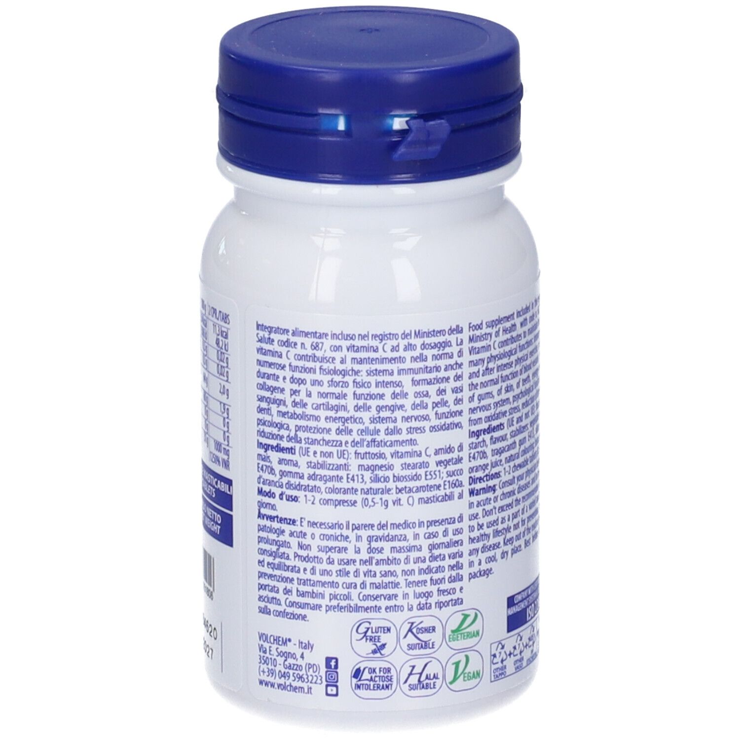 Retro del flacone bianco, tappo blu. Testo su ingredienti e avvertenze.