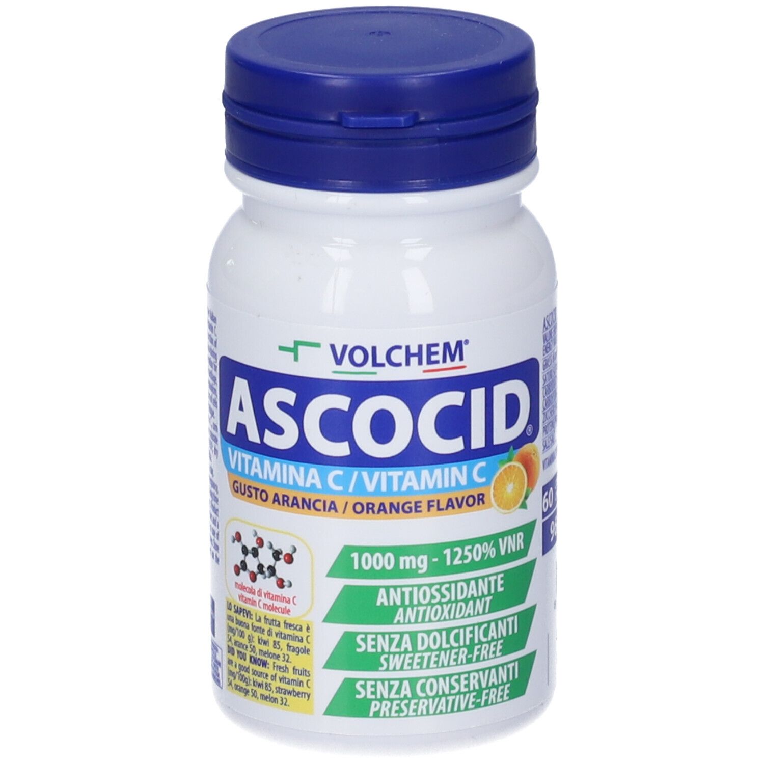 Flacone bianco, tappo blu. Scritta: Ascocid, Vitamina C, gusto arancia. 60 compresse.