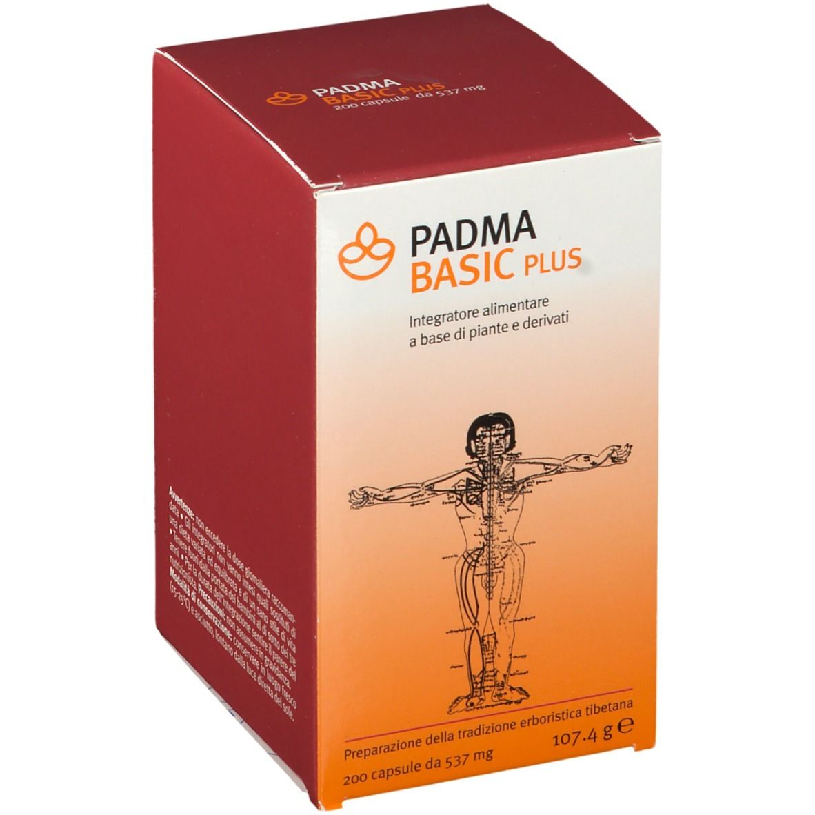 Scatola rossa con logo "PADMA BASIC PLUS" e testo. Illustrazione del corpo umano. 200 capsule, 107,4 g.