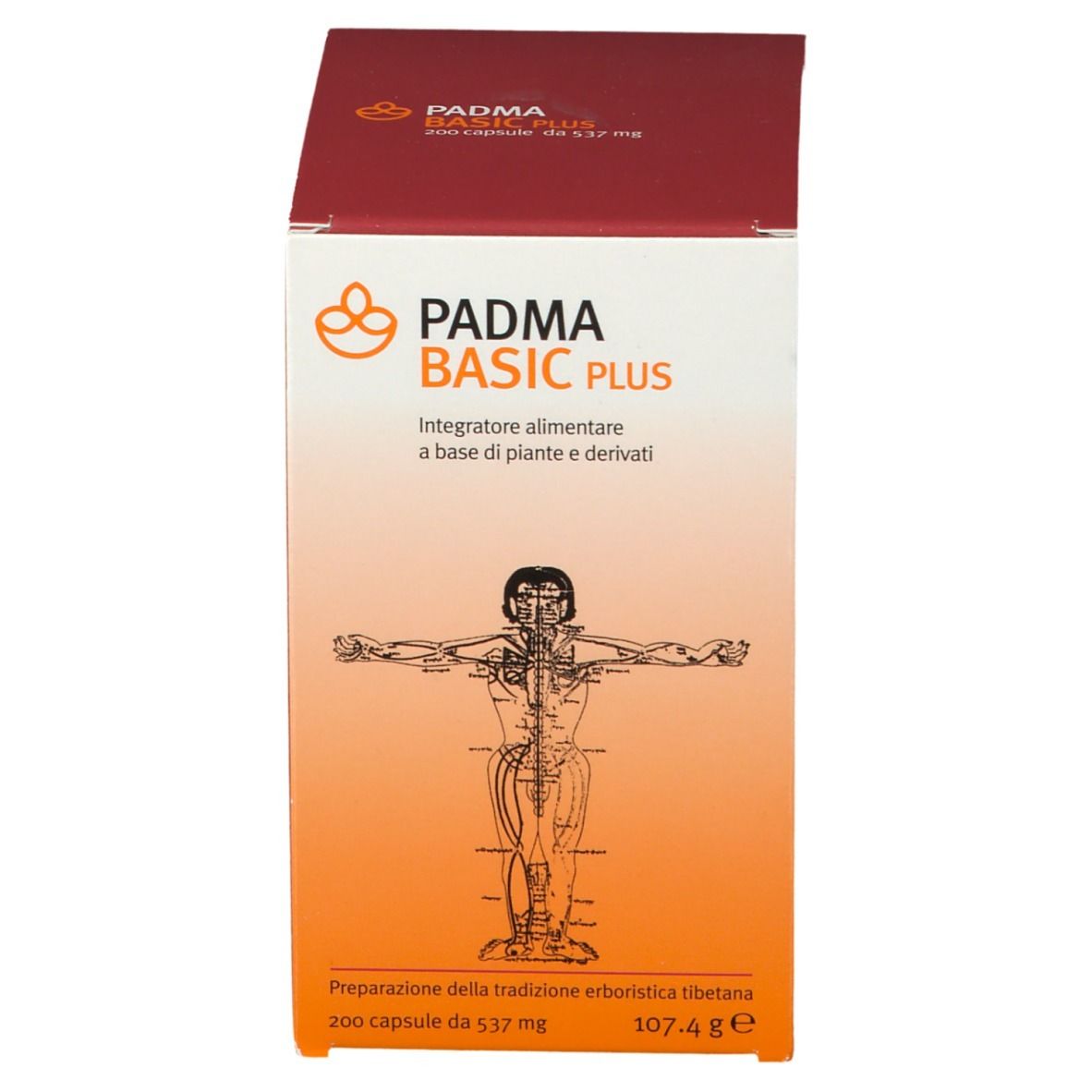 Scatola rossa con logo "PADMA BASIC PLUS" e testo. Illustrazione del corpo umano. 200 capsule, 107,4 g.