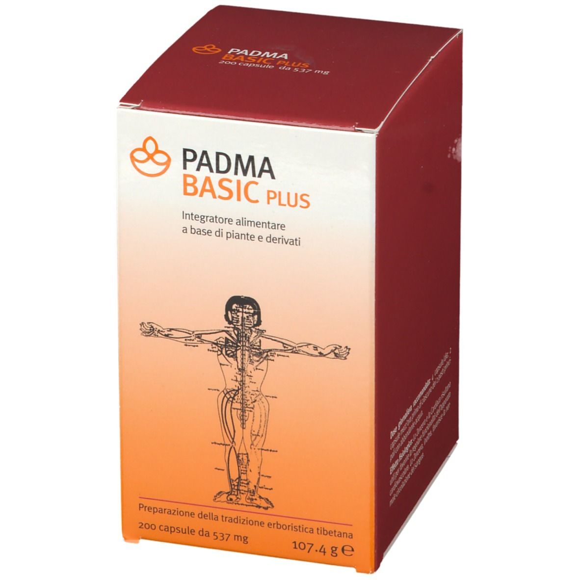 Scatola rossa con logo "PADMA BASIC PLUS" e testo. Illustrazione del corpo umano. 200 capsule, 107,4 g.