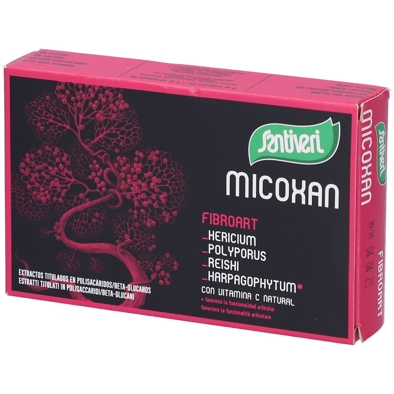 Confezione Micoxan Fibroart. Design rosa e nero. Nome del prodotto, ingredienti e logo Santiveri.