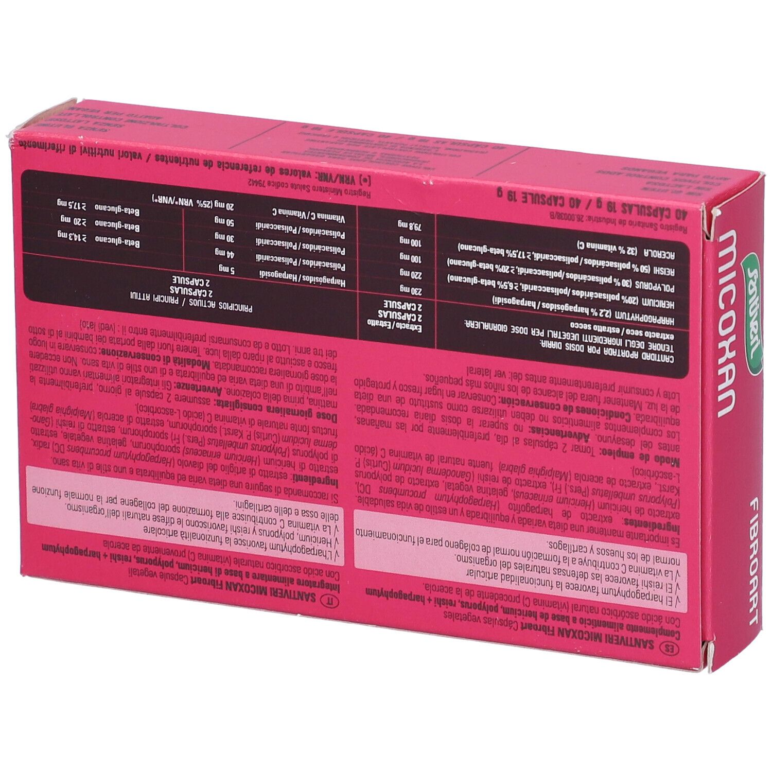 Retro della confezione Micoxan Fibroart. Design rosa con informazioni e ingredienti del prodotto.