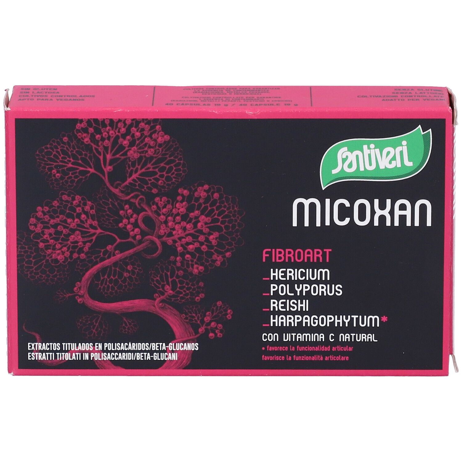 Confezione Micoxan Fibroart. Design rosa e nero. Nome del prodotto, ingredienti e logo Santiveri.