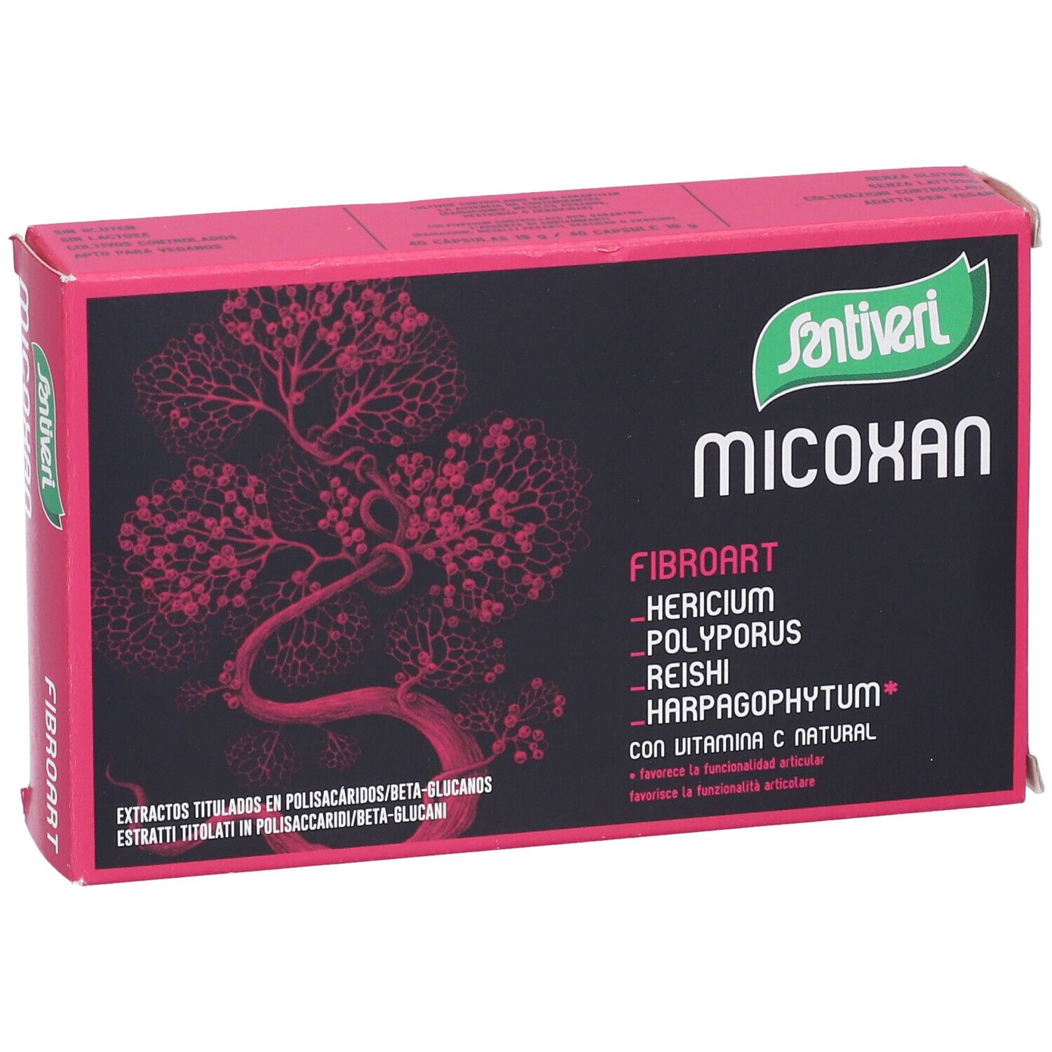 Confezione Micoxan Fibroart. Design rosa e nero. Nome del prodotto, ingredienti e logo Santiveri.