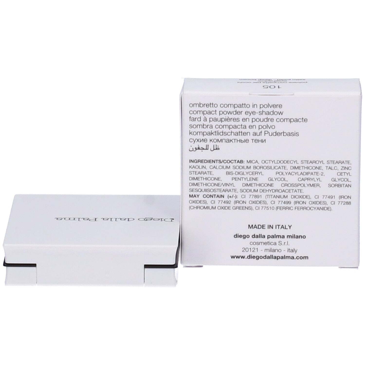 Confezione bianca con informazioni sul prodotto. Ombretto compatto. Marchio Diego dalla Palma Milano. Prodotto in Italia.