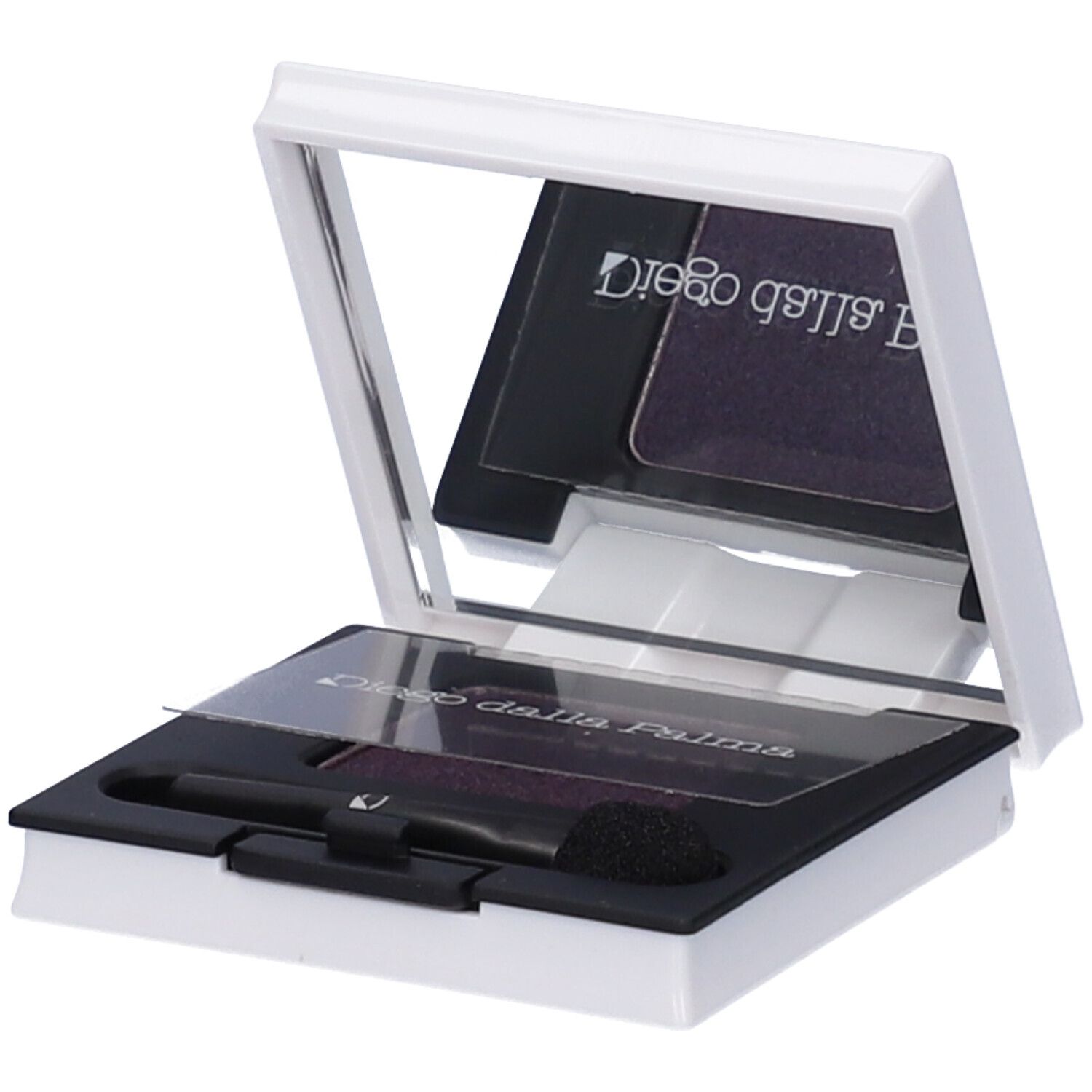 Ombretto compatto viola scuro in confezione bianca con specchio e applicatore. Marchio Diego dalla Palma.