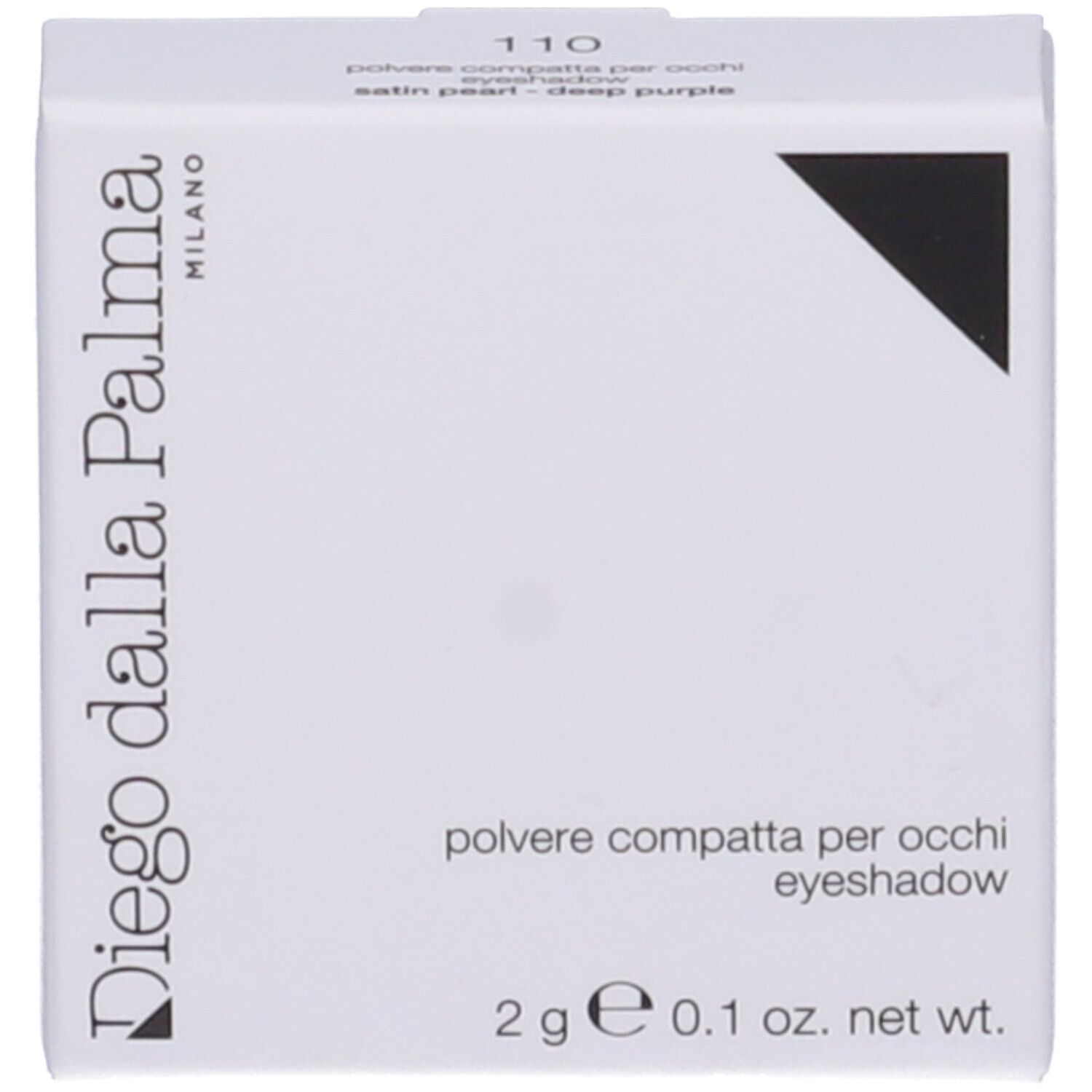 Confezione quadrata bianca con informazioni sull'ombretto. Marchio Diego dalla Palma. 2g, 0,1 oz. net wt.