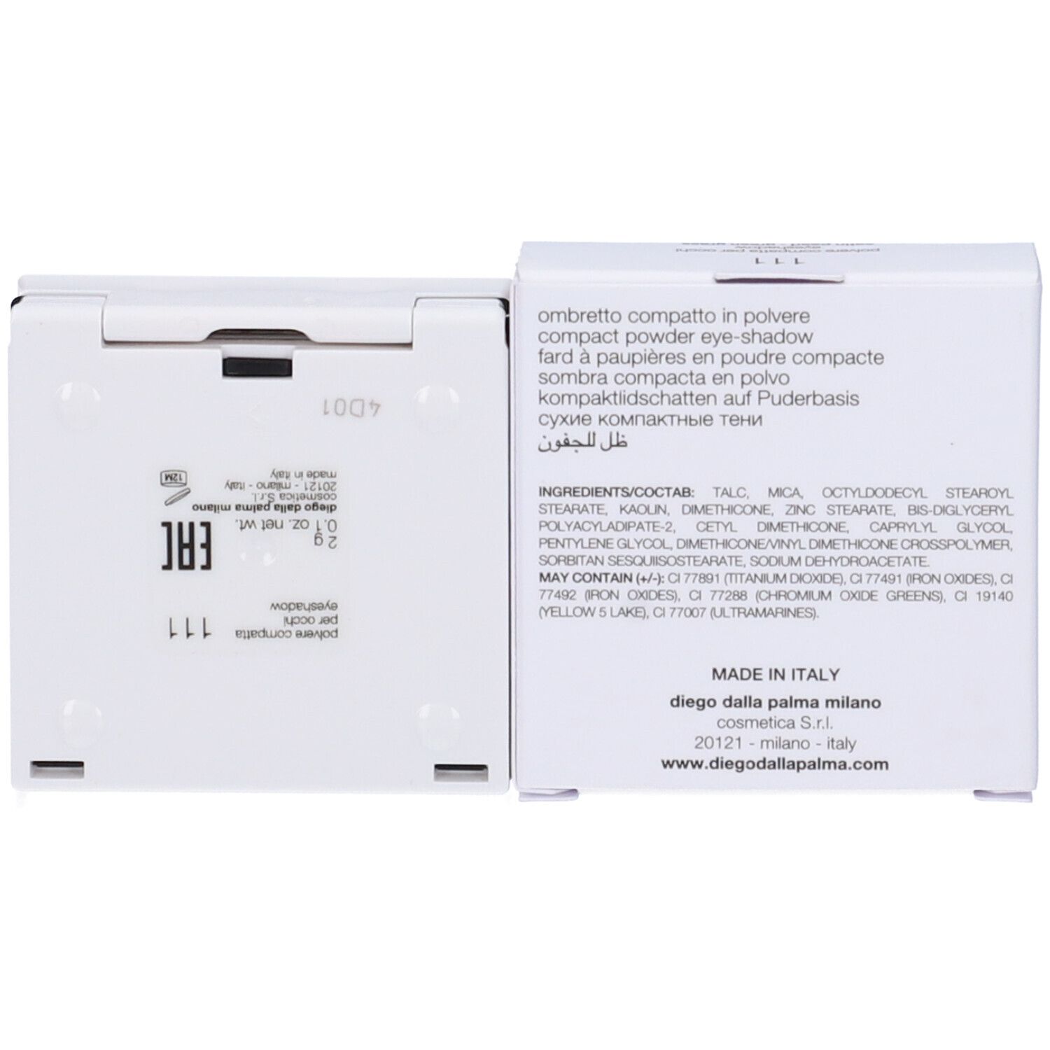 Ombretto compatto, confezione bianca. Marchio: Diego dalla Palma. Testo: Ingredienti, Made in Italy, sito web.