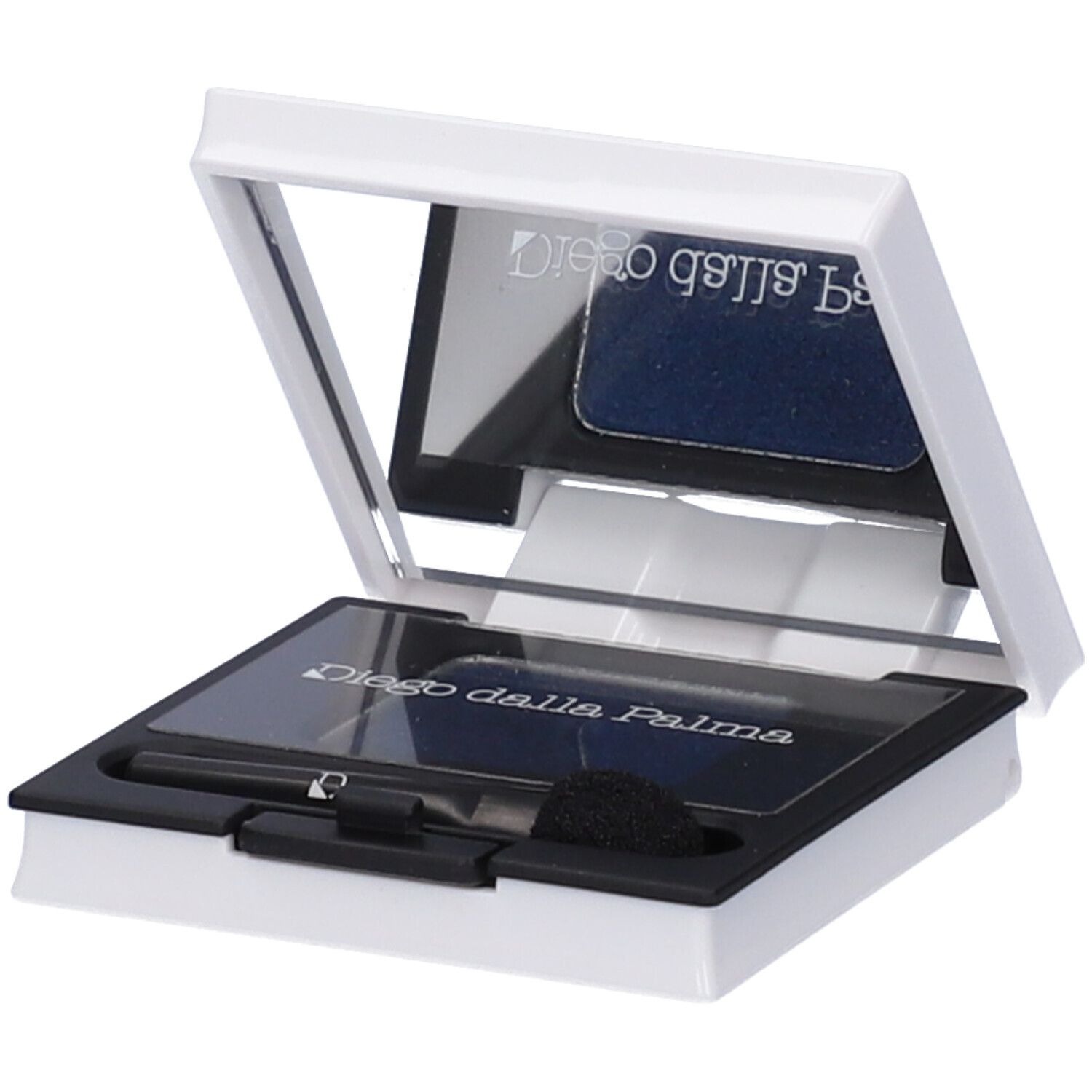 Ombretto compatto blu. Applicatore e spugnetta neri. Marchio: Diego dalla Palma. Contenitore bianco con specchio.