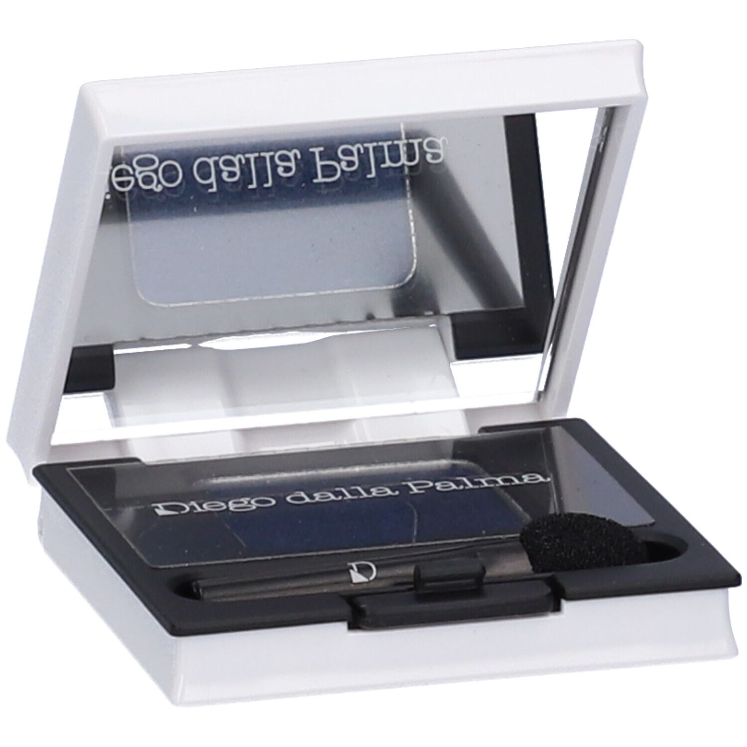 Ombretto compatto blu. Applicatore e spugnetta neri. Marchio: Diego dalla Palma. Contenitore bianco con specchio.