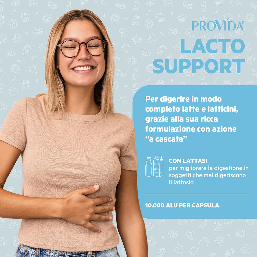 Donna con occhiali si tiene la pancia, sorridendo. Testo su Optima Provida Lacto Support e digestione.