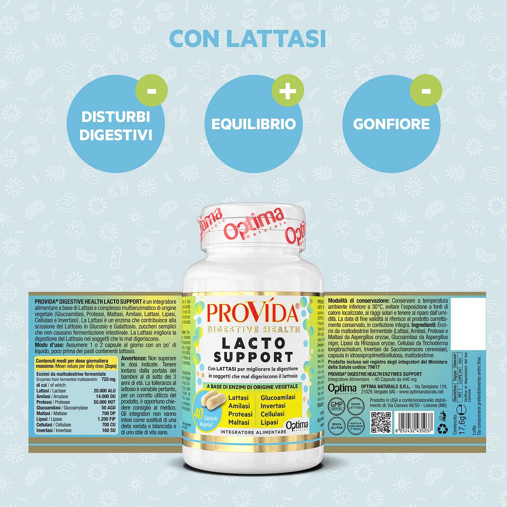Barattolo Optima Provida Lacto Support con capsule. Icone mostrano effetti positivi su digestione e gonfiore.