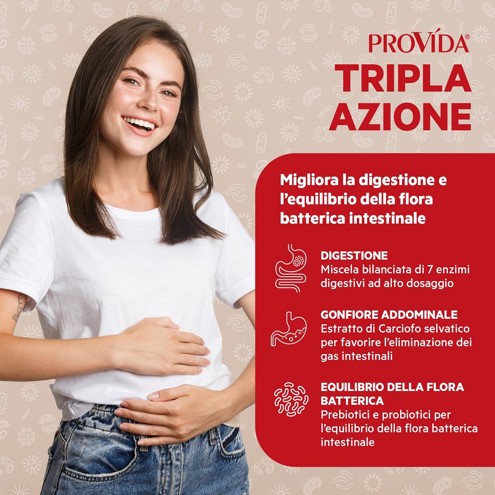 Donna si tiene la pancia, accanto al testo su Provida® Tripla Azione per digestione e flora intestinale.