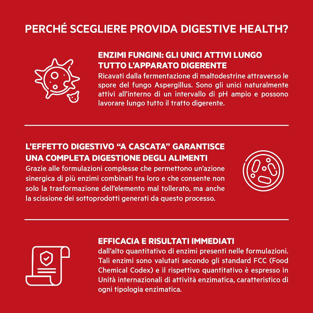 Infografica sugli enzimi digestivi Provida®: funghi, effetto a cascata, standard FCC e Made in Italy.