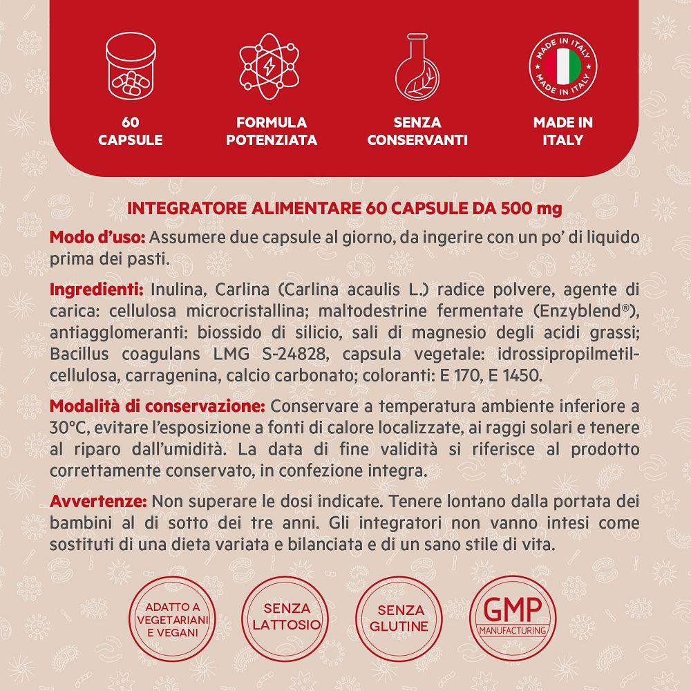 Retro di un barattolo Provida®: 60 capsule, formula potenziata, senza conservanti, Made in Italy.