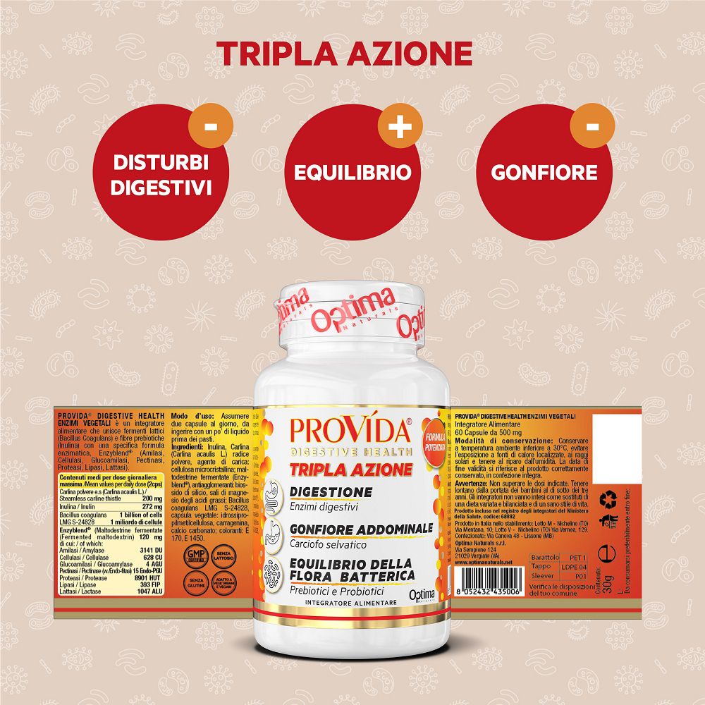 Barattolo Provida® Tripla Azione con icone per disturbi digestivi, equilibrio e gonfiore.