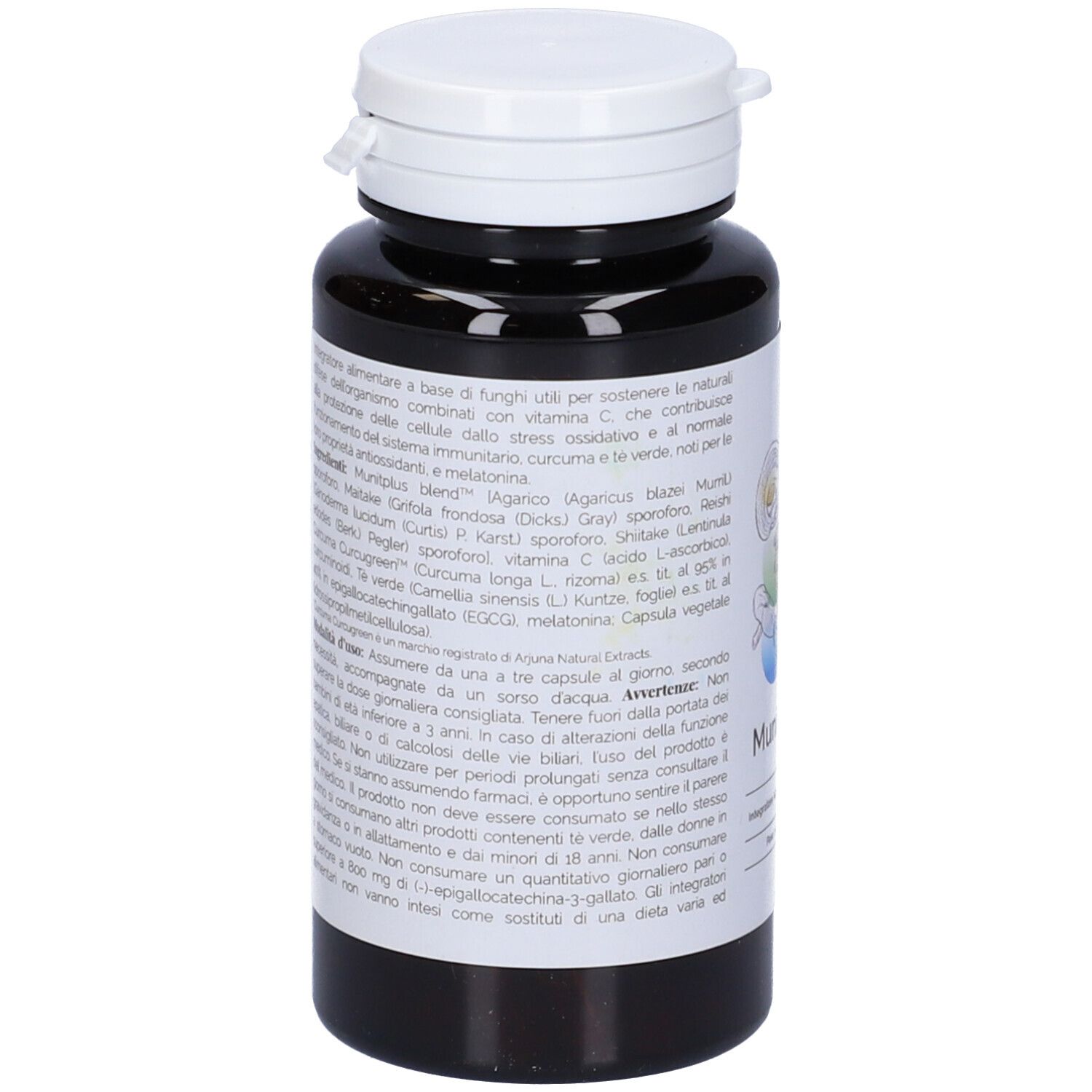 Flacone marrone con tappo bianco. Etichetta con informazioni sul prodotto e ingredienti.