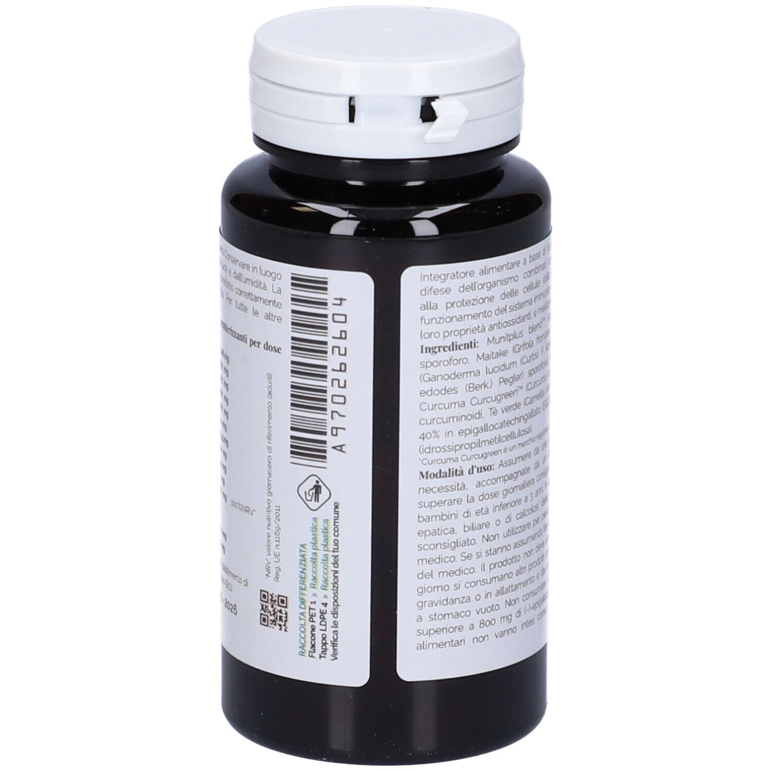 Flacone marrone con tappo bianco. Etichetta con informazioni prodotto e codice QR.