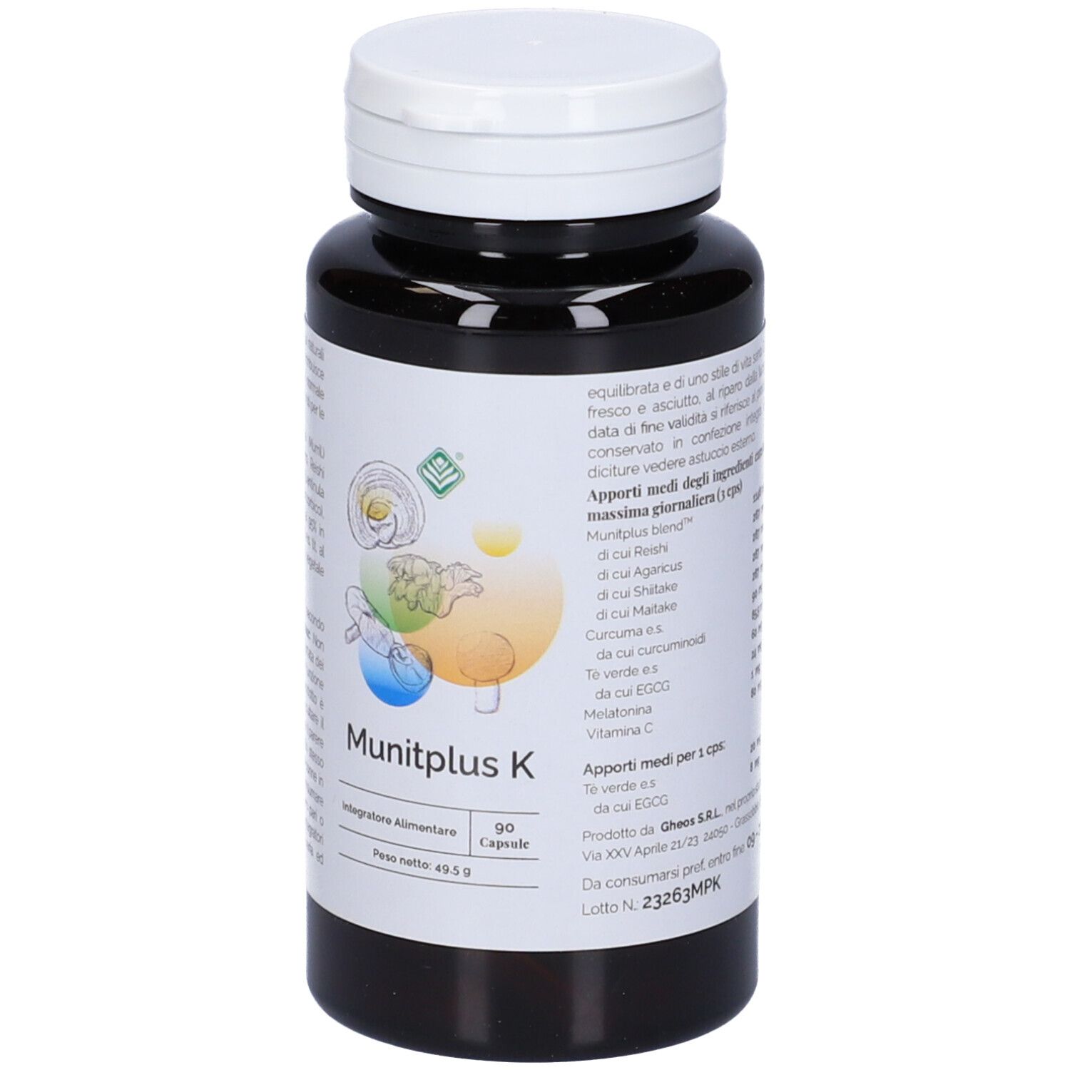 Flacone marrone con tappo bianco. Etichetta con nome del prodotto e ingredienti. 90 capsule.