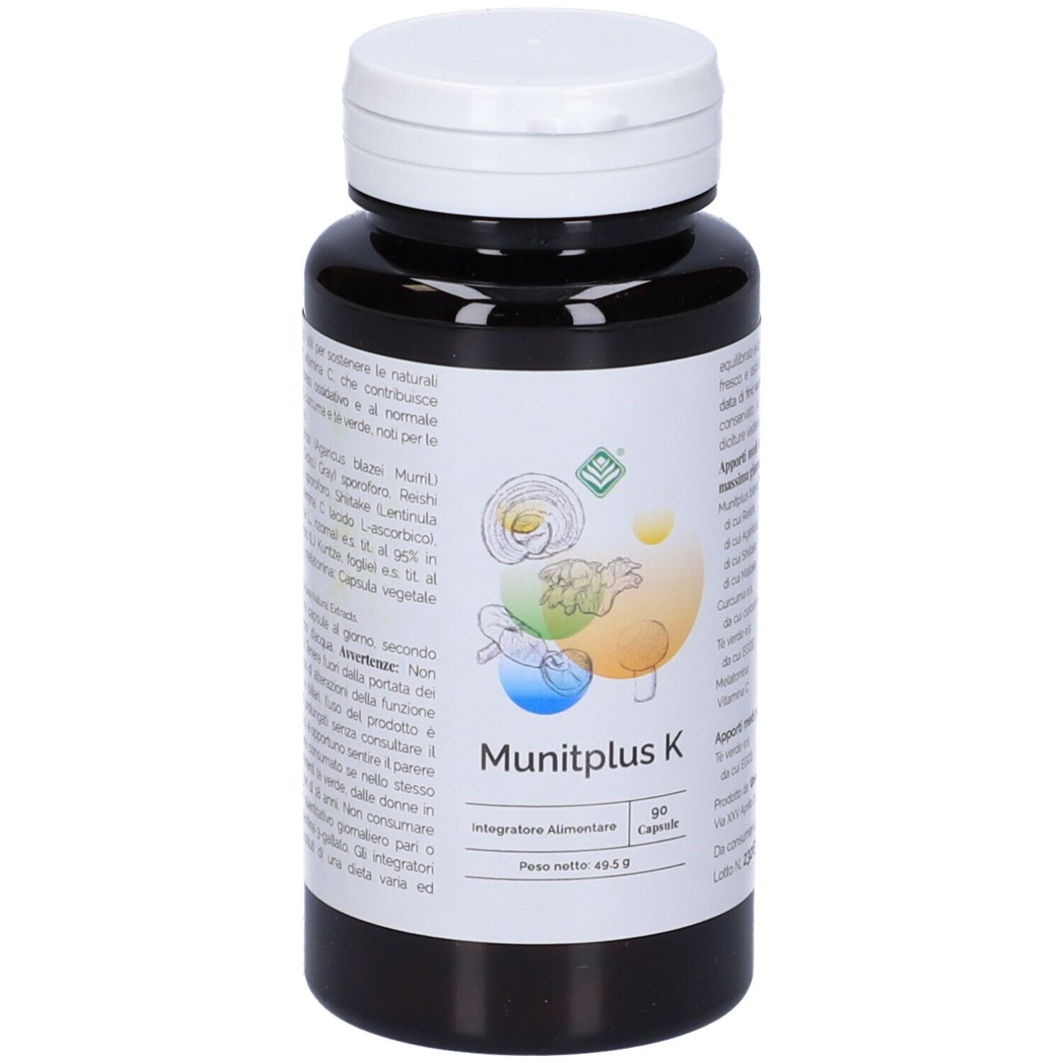 Flacone marrone con tappo bianco. Etichetta con nome del prodotto e ingredienti. 90 capsule.