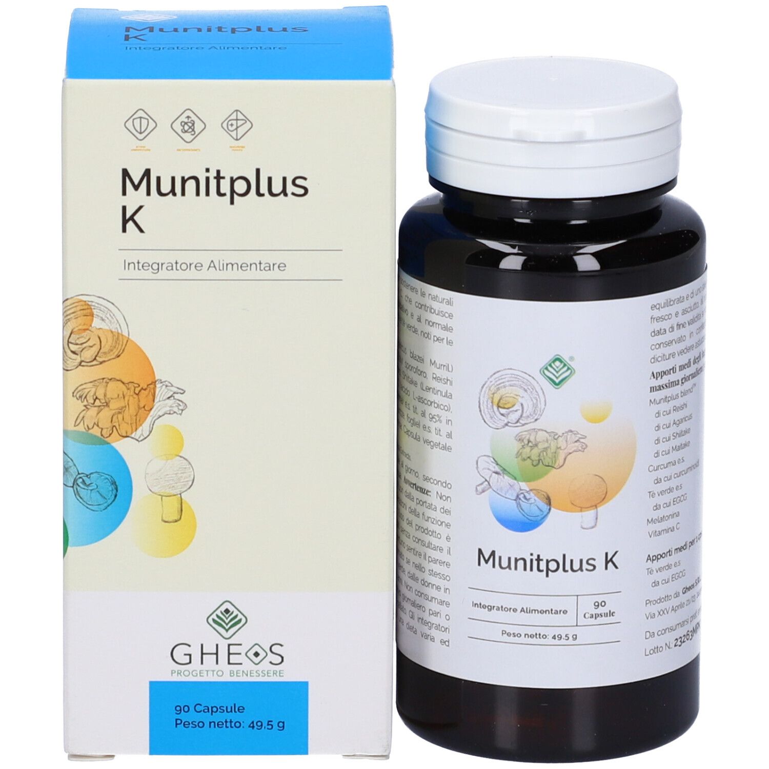 Flacone e scatola del prodotto. Scatola con nome e logo. Flacone con 90 capsule.