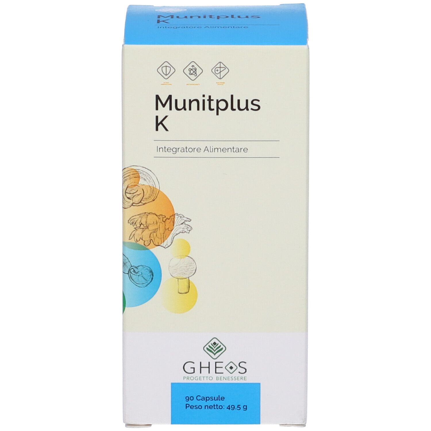 Confezione del prodotto. Scatola blu con nome e logo. 90 capsule.