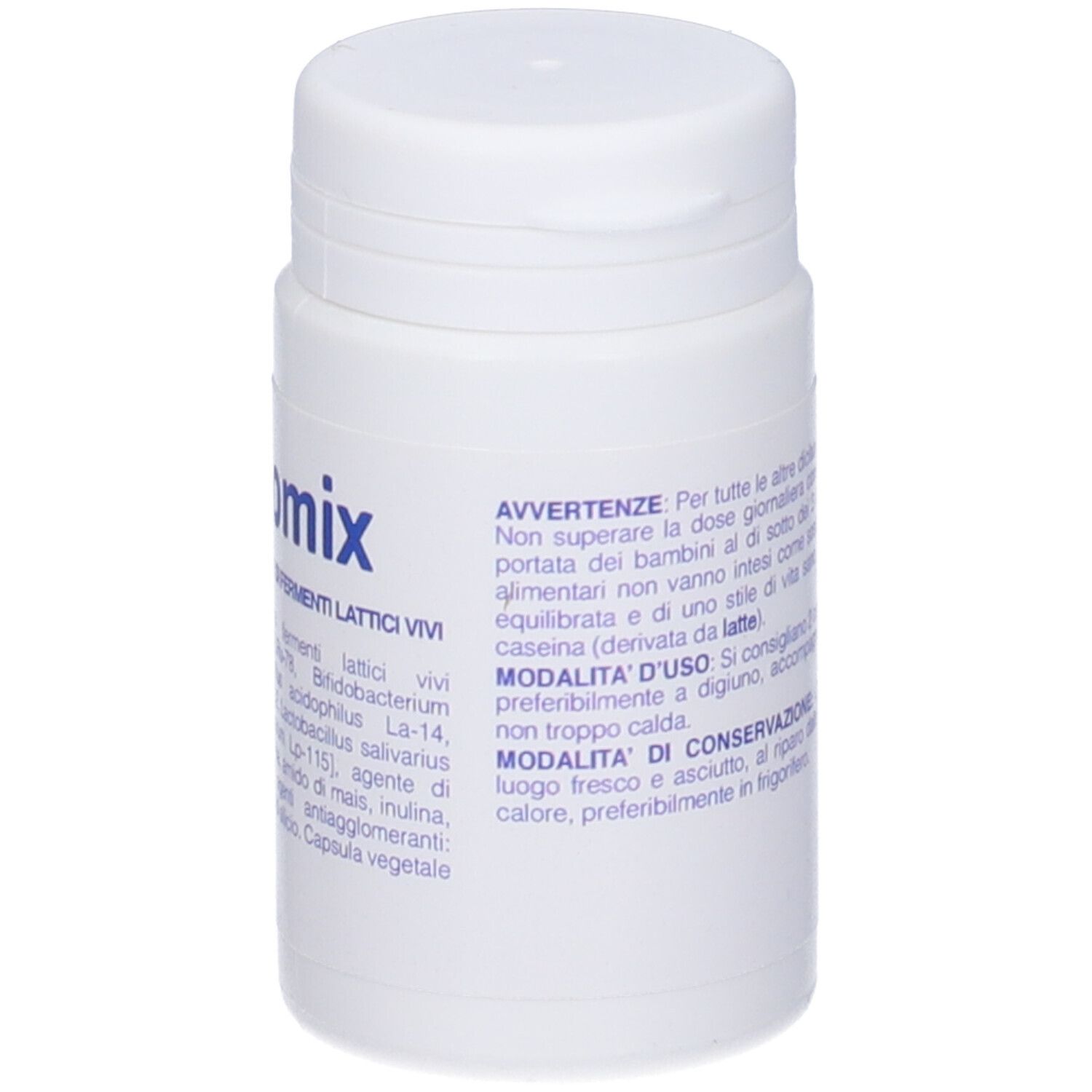 Flacone bianco con scritta blu "Probiomix". Sul lato, testo in italiano.