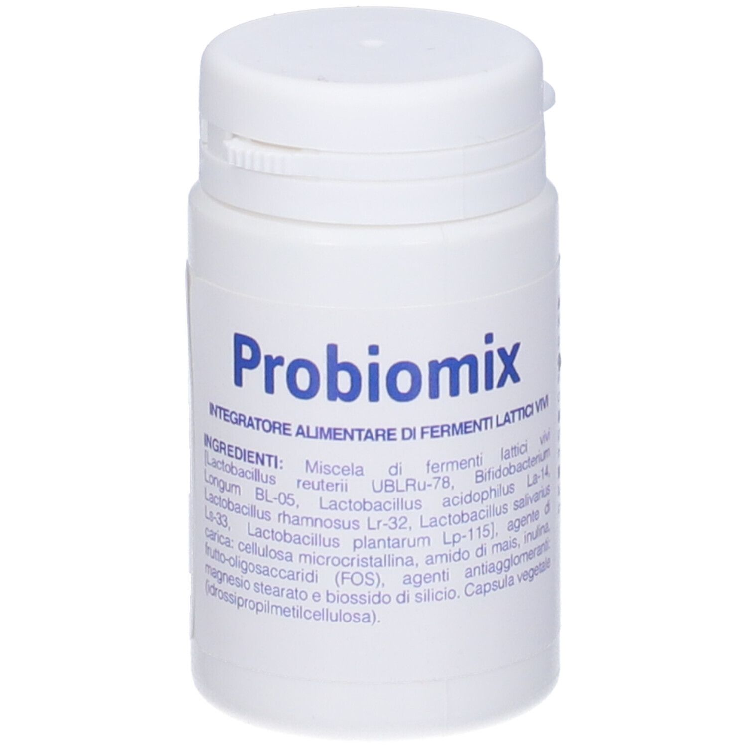 Flacone bianco con scritta blu "Probiomix". Sul lato, testo in italiano.
