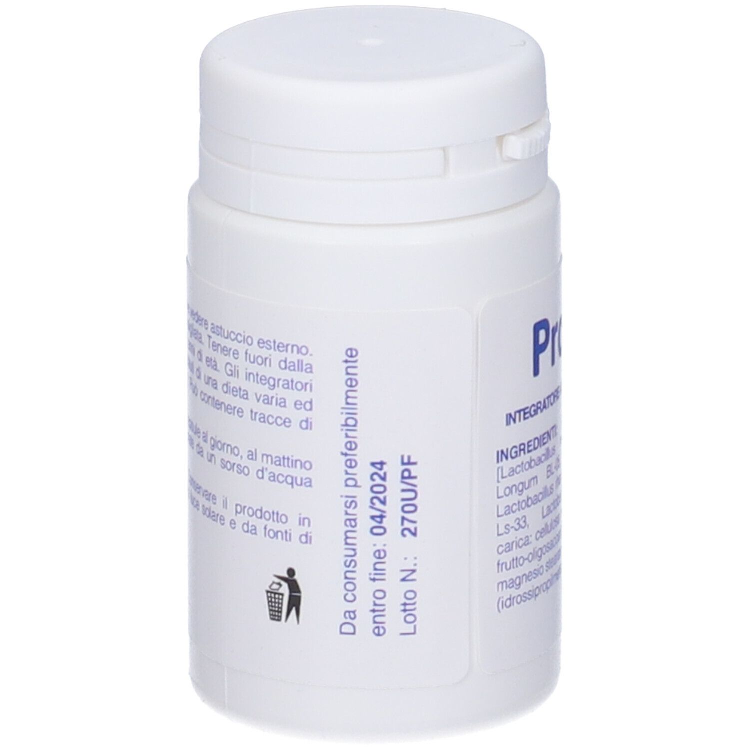 Flacone bianco con scritta blu "Probiomix". Sul lato, testo in italiano.