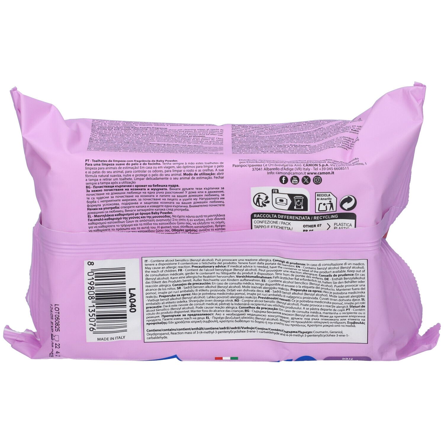 Retro della confezione rosa con testo e simboli di riciclaggio. Contiene informazioni sul prodotto.