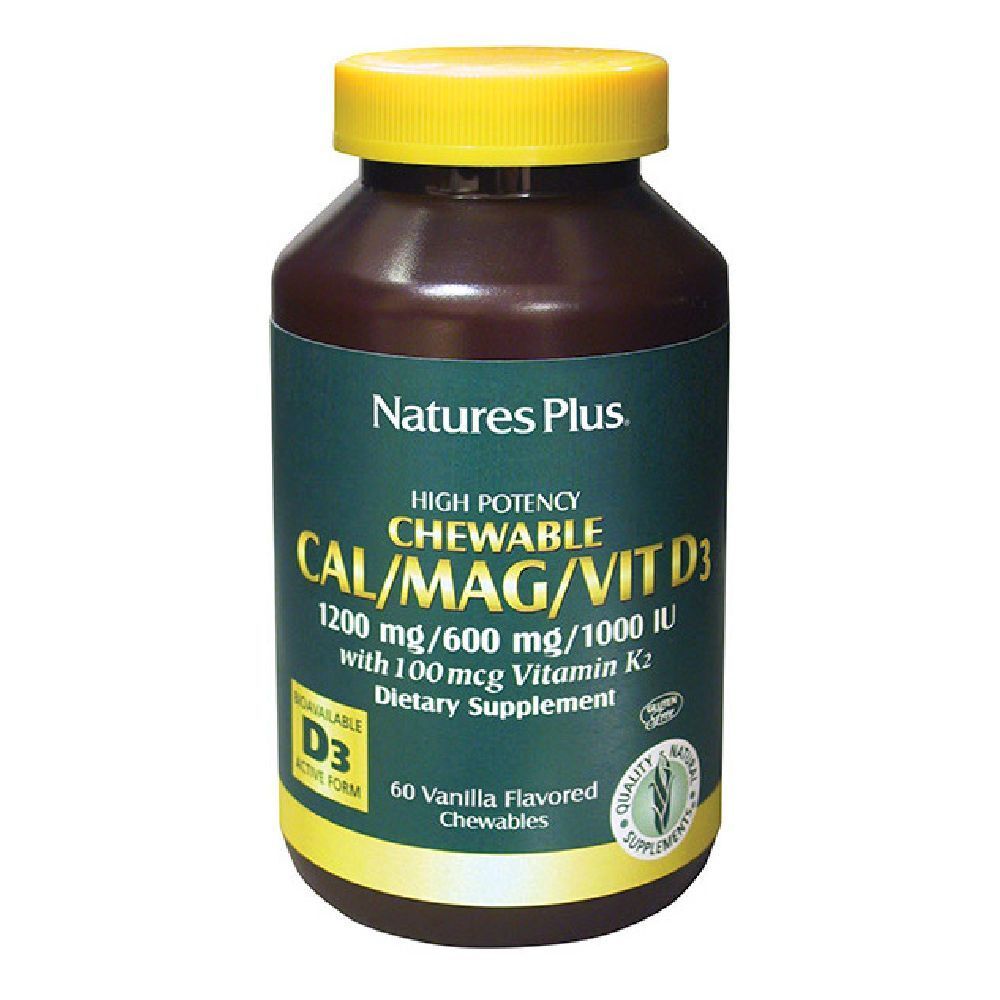 Flacone marrone con tappo giallo. Scritta: CAL/MAG/VIT D3, 60 compresse. Marchio: Natures Plus.