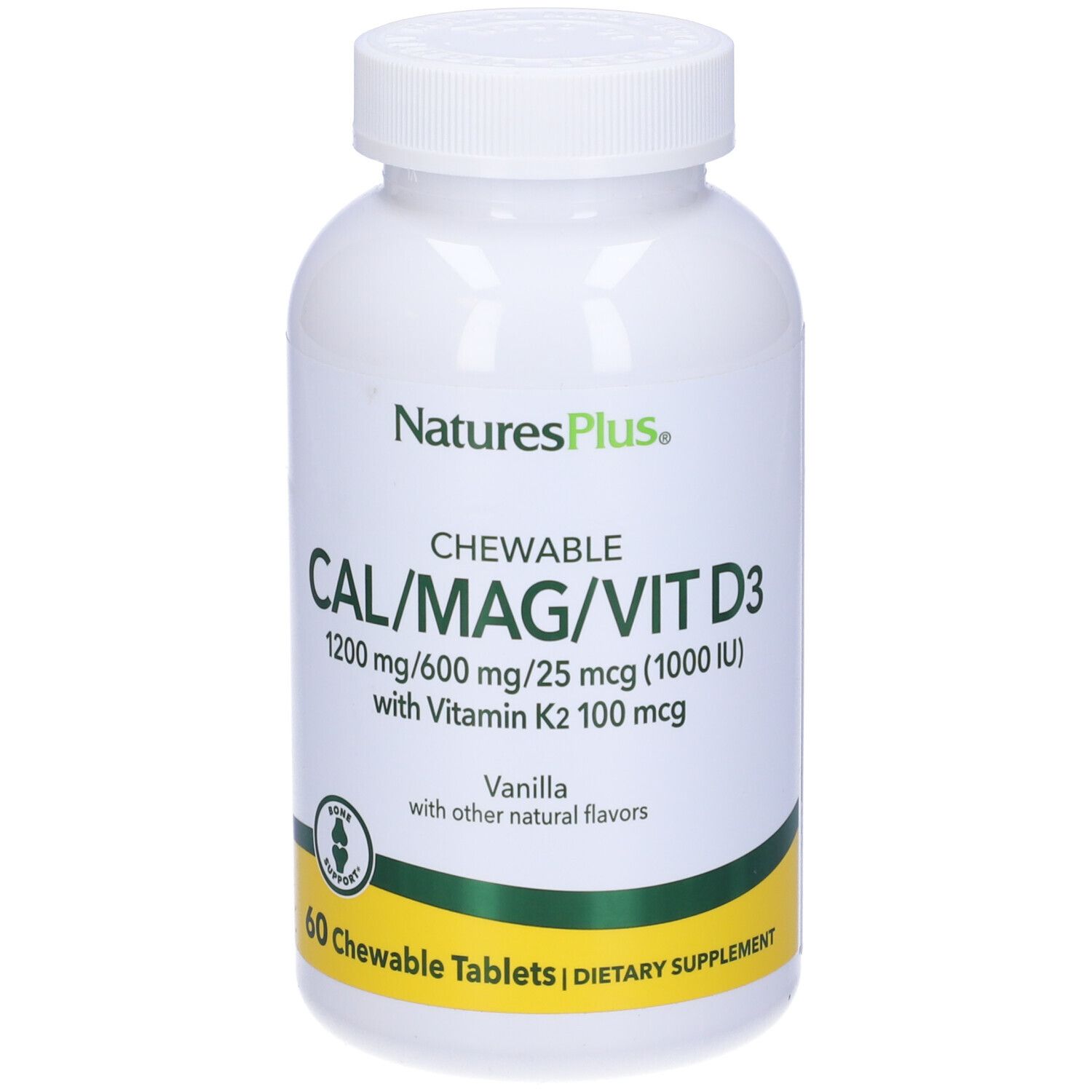 Flacone bianco con tappo bianco. Scritta: CAL/MAG/VIT D3, 60 compresse. Marchio: Natures Plus.