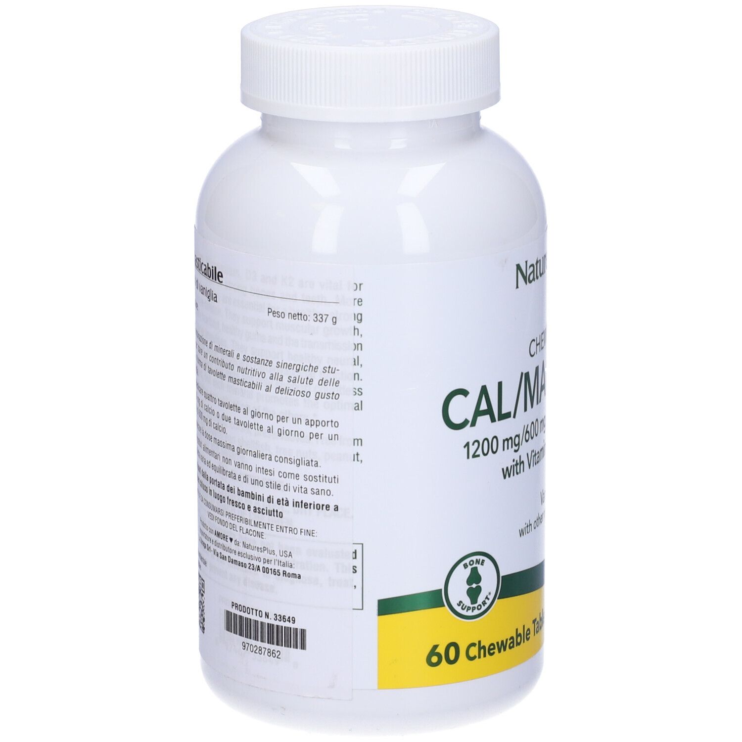 Retro di un flacone bianco. Scritta: CAL/MAG/VIT D3, 60 compresse. Marchio: Natures Plus.