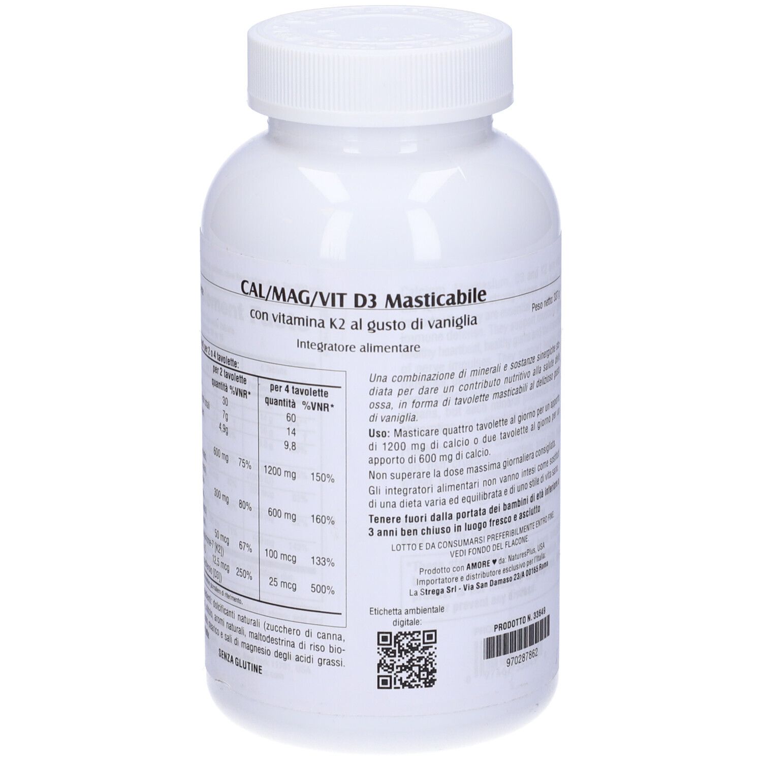Retro di un flacone bianco. Scritta: CAL/MAG/VIT D3, 60 compresse. Marchio: Natures Plus.