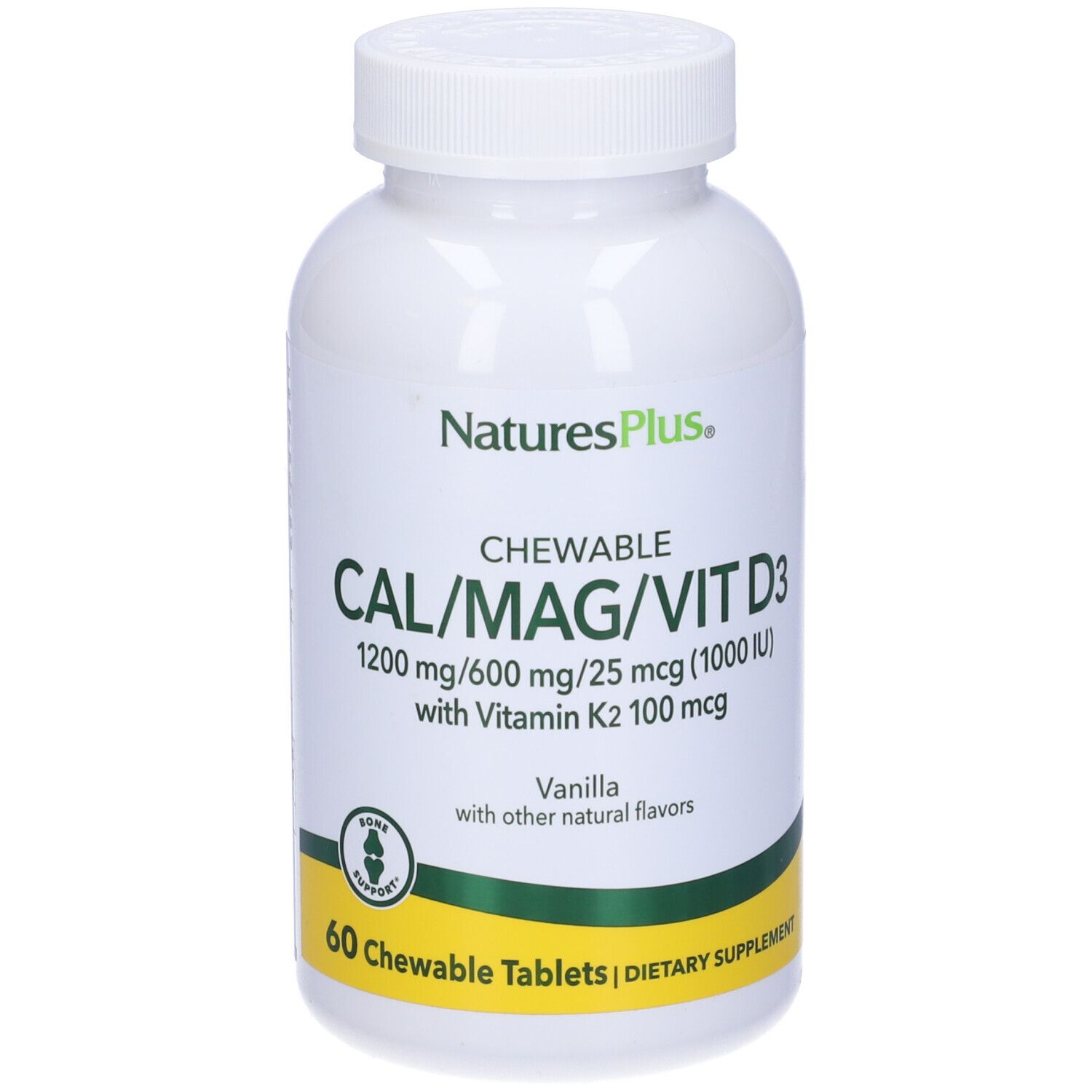 Flacone bianco con tappo bianco. Scritta: CAL/MAG/VIT D3, 60 compresse. Marchio: Natures Plus.