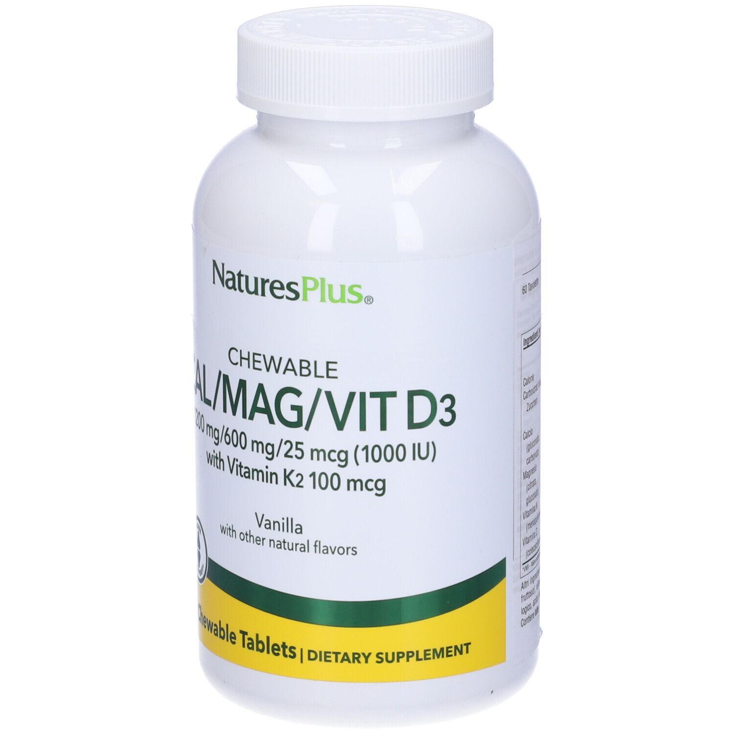 Flacone bianco con tappo bianco. Scritta: CAL/MAG/VIT D3, 60 compresse. Marchio: Natures Plus.