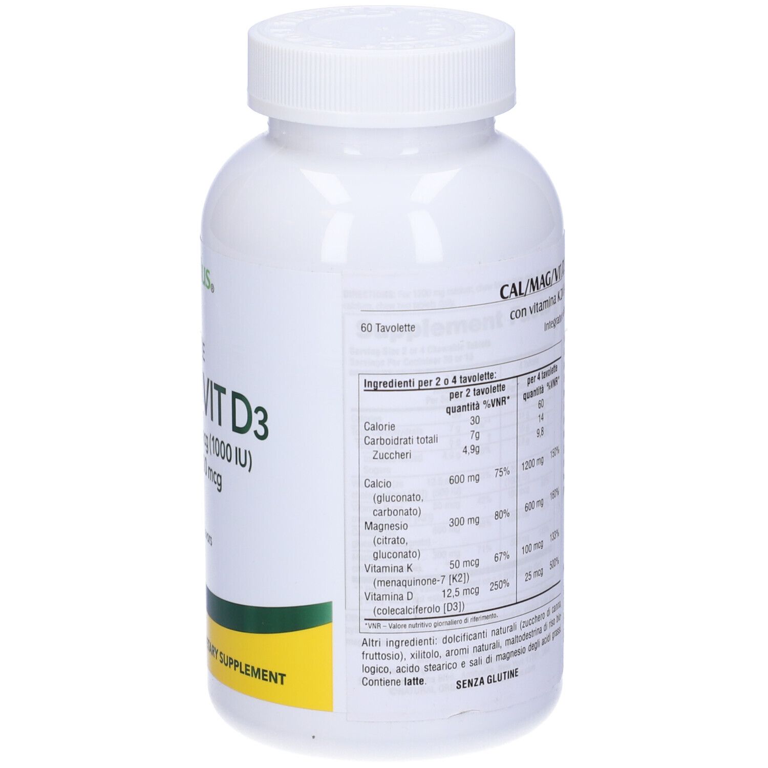 Retro di un flacone bianco. Scritta: CAL/MAG/VIT D3, 60 compresse. Marchio: Natures Plus.