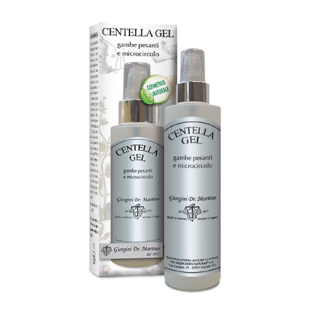 Due flaconi di Centella Gel con confezione. Scritta: Centella Gel, gambe pesanti e microcircolo.
