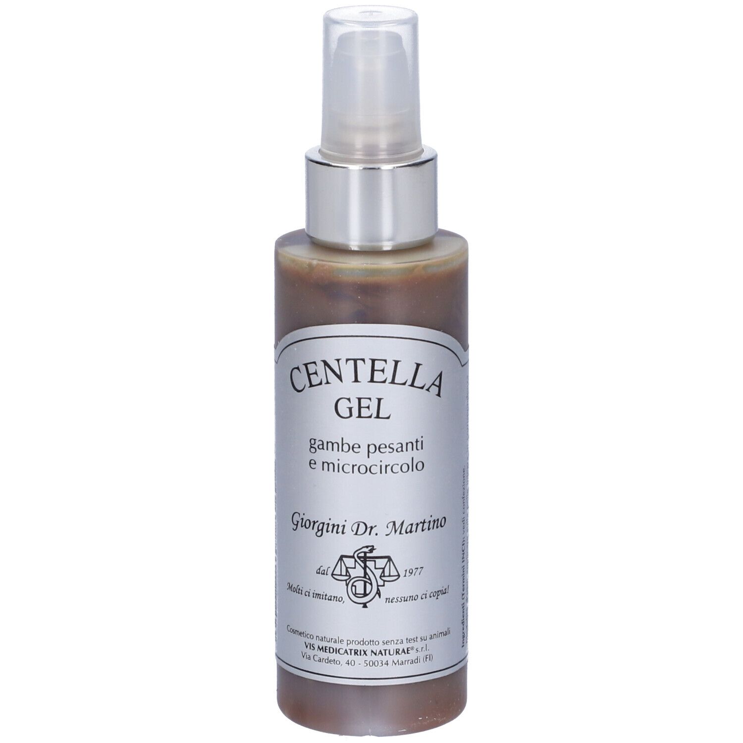 Flacone di Centella Gel con vaporizzatore. Scritta: Centella Gel, gambe pesanti e microcircolo. Di Giorgini Dr. Martino.