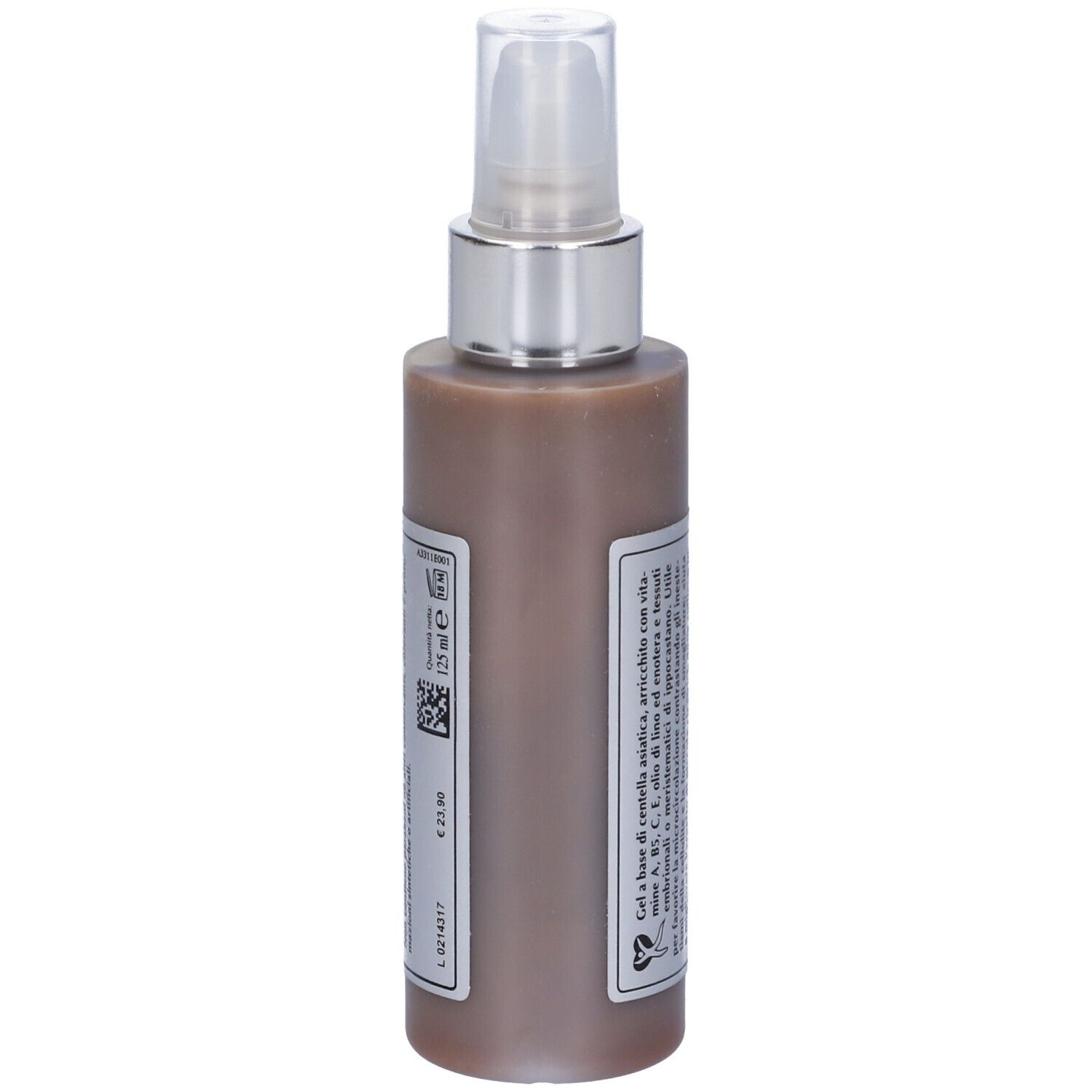 Flacone di Centella Gel, retro. Scritta: 125 ml, prezzo, QR code. Di Giorgini Dr. Martino.