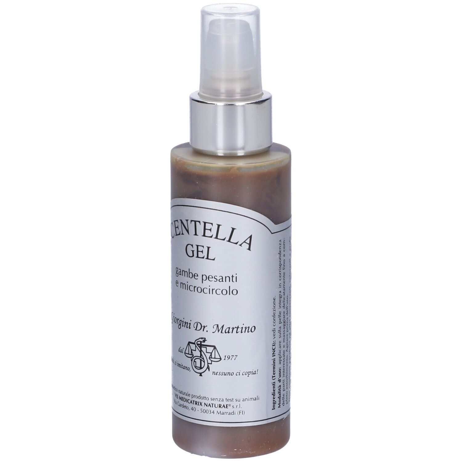 Flacone di Centella Gel con vaporizzatore. Scritta: Centella Gel, gambe pesanti e microcircolo. Di Giorgini Dr. Martino.