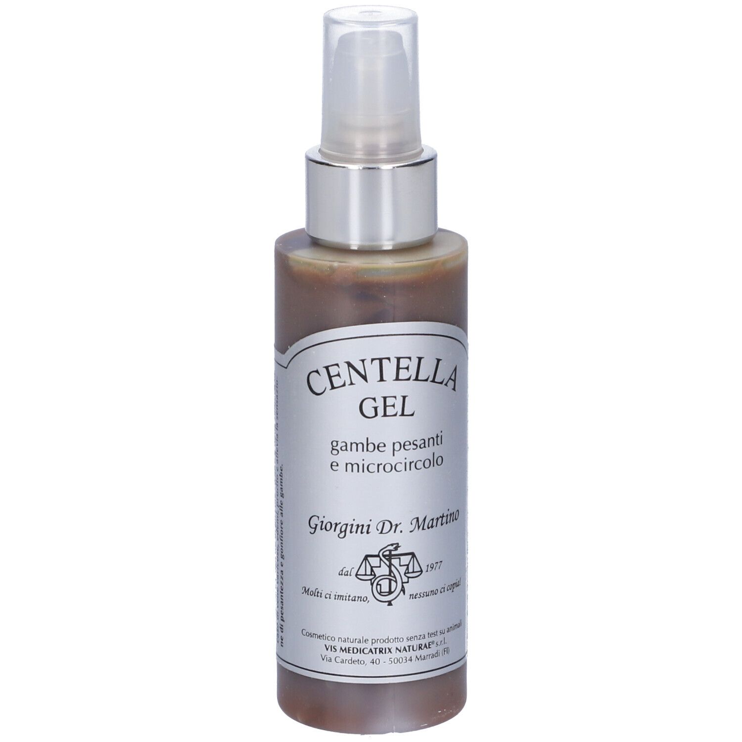 Flacone di Centella Gel con vaporizzatore. Scritta: Centella Gel, gambe pesanti e microcircolo. Di Giorgini Dr. Martino.