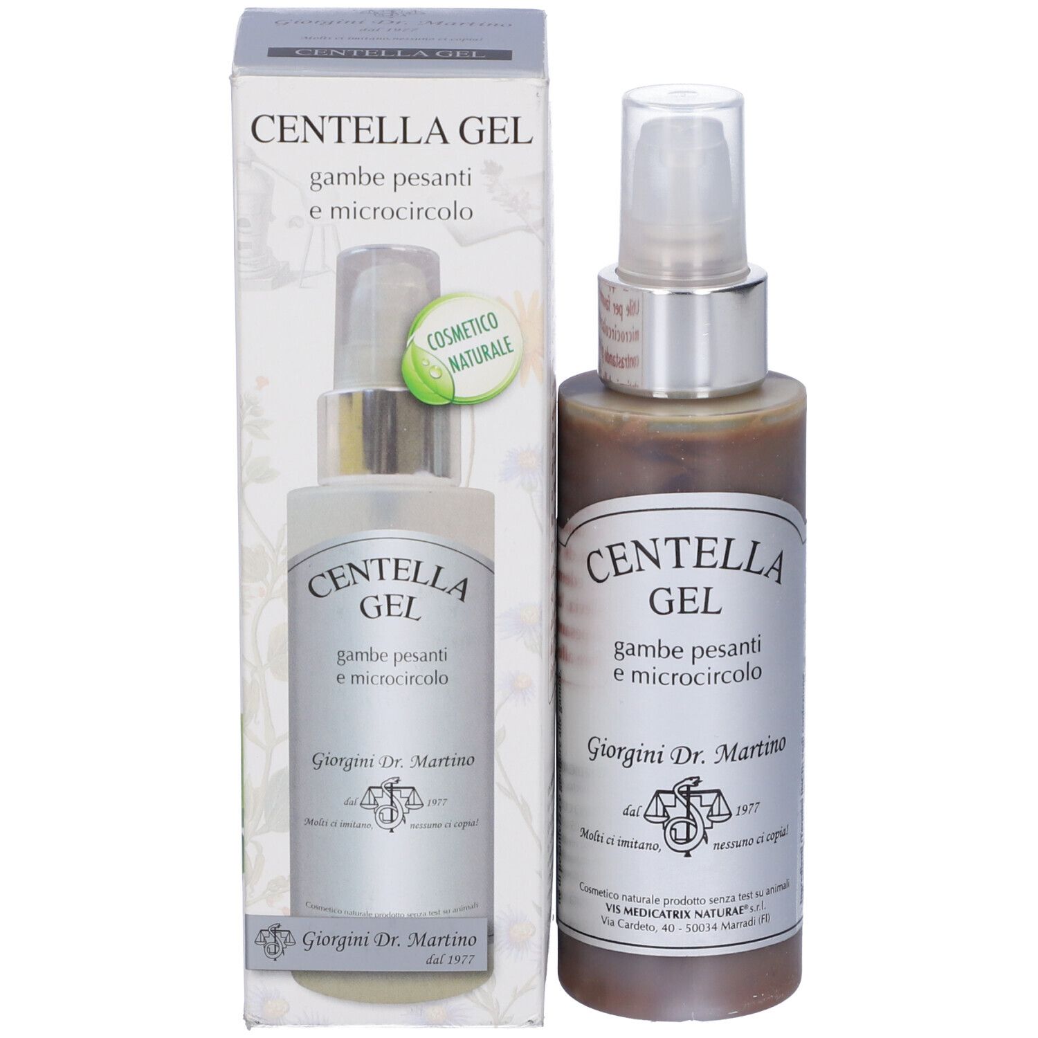 Flacone di Centella Gel con confezione. Scritta: Centella Gel, gambe pesanti e microcircolo. Di Giorgini Dr. Martino.