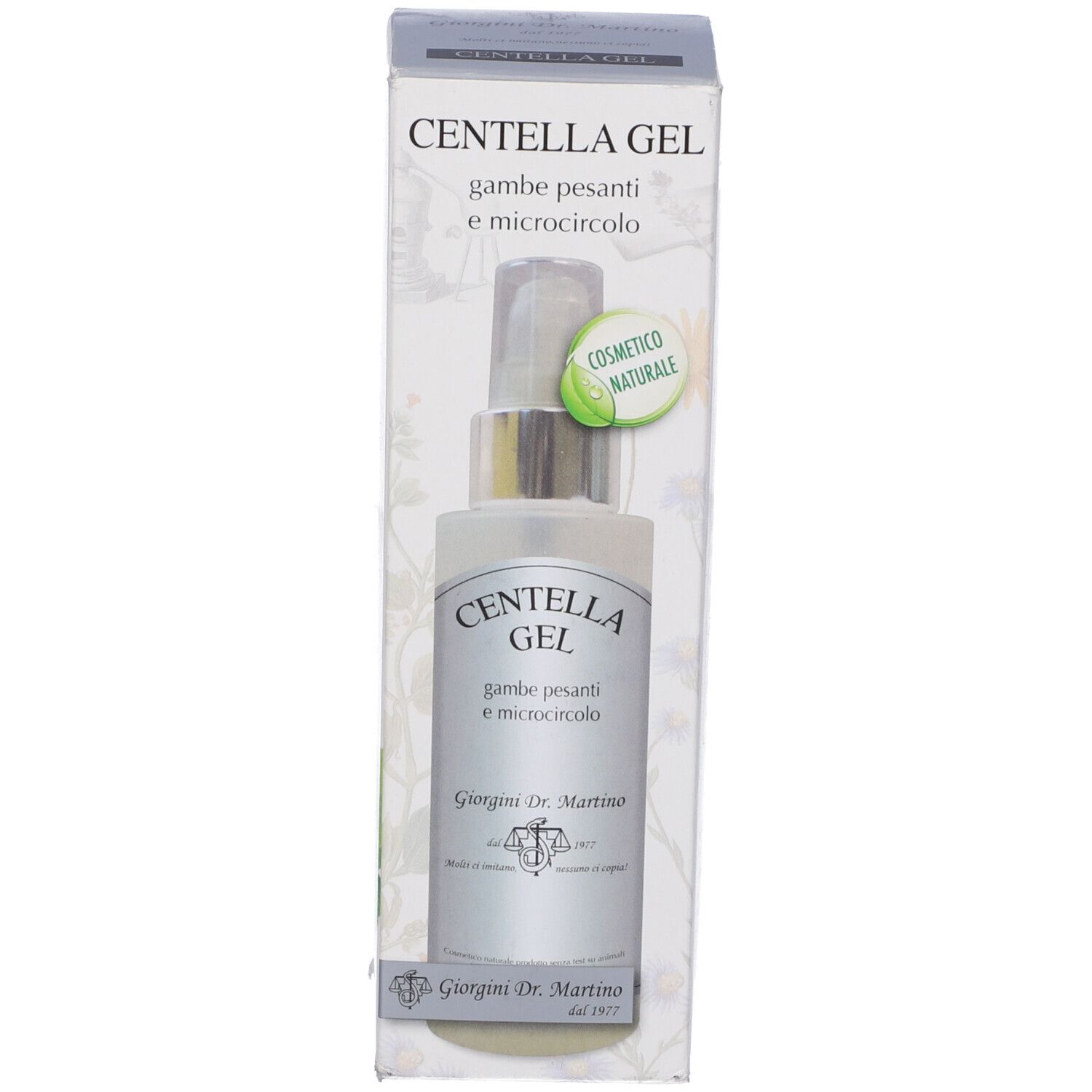 Flacone di Centella Gel nella confezione. Scritta: Centella Gel, gambe pesanti e microcircolo. Di Giorgini Dr. Martino.