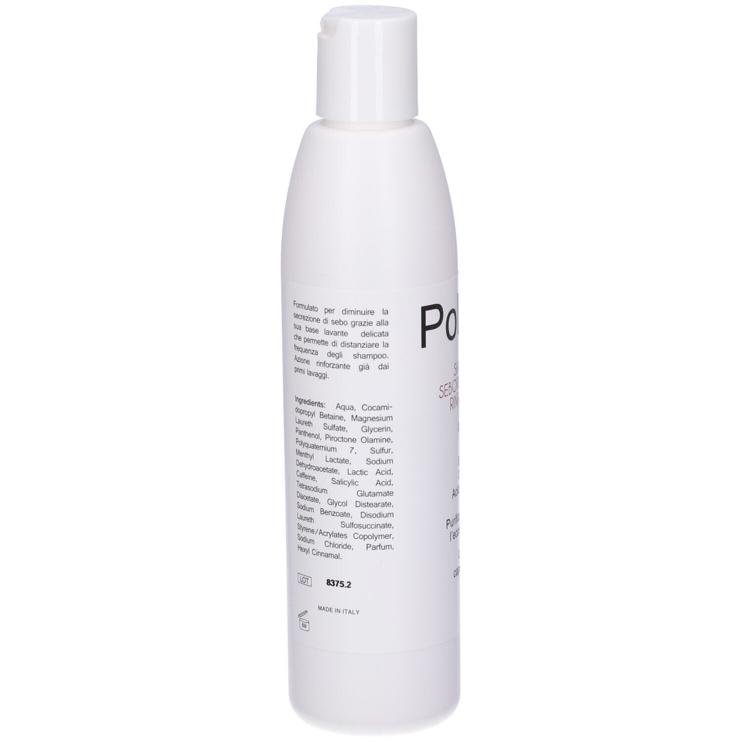 Retro di un flacone bianco con testo. Contiene ingredienti come Aqua, Cocamidopropyl Betaine, Magnesium Laureth Sulfate.