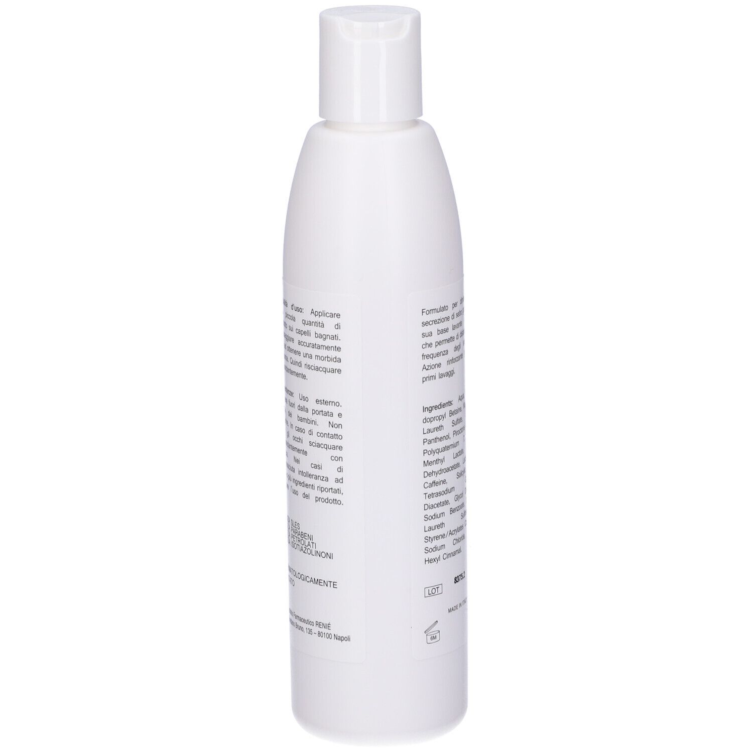 Retro di un flacone bianco con testo. Contiene ingredienti come Aqua, Cocamidopropyl Betaine, Magnesium Laureth Sulfate.