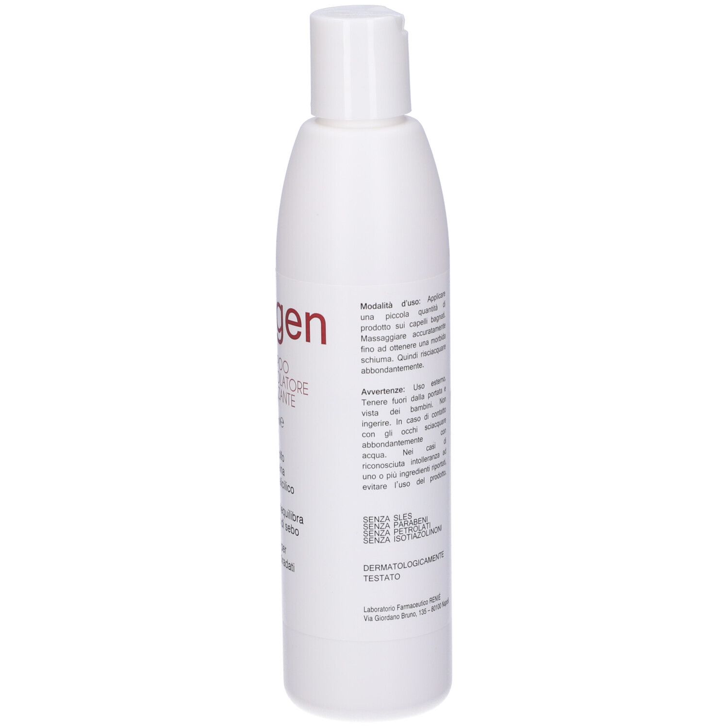Flacone bianco con testo. Contiene informazioni sull'uso e avvertenze. Dermatologicamente testato.