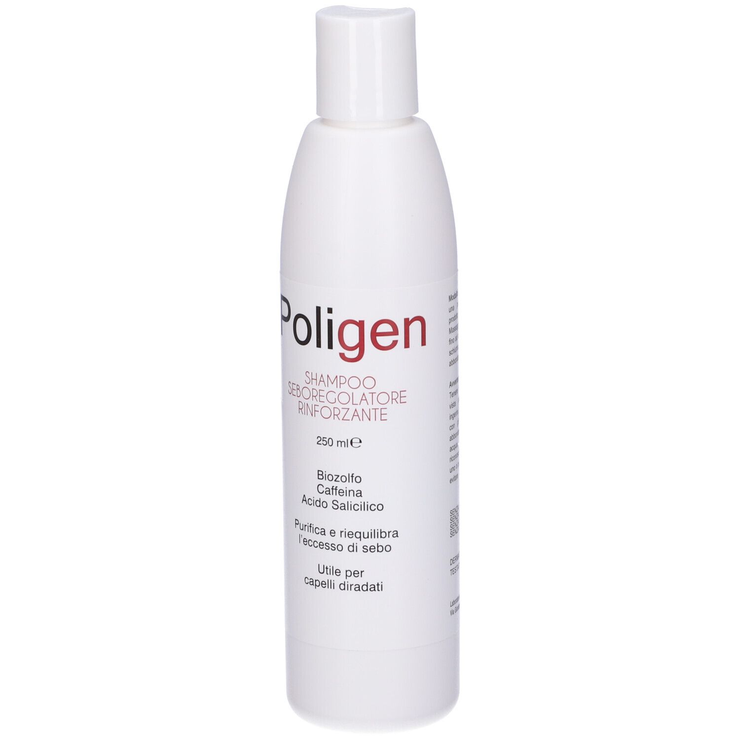 Flacone bianco con testo rosso e nero. Scritto: Poligen Shampoo. Contiene Biozolfo, Caffeina, Acido Salicilico.